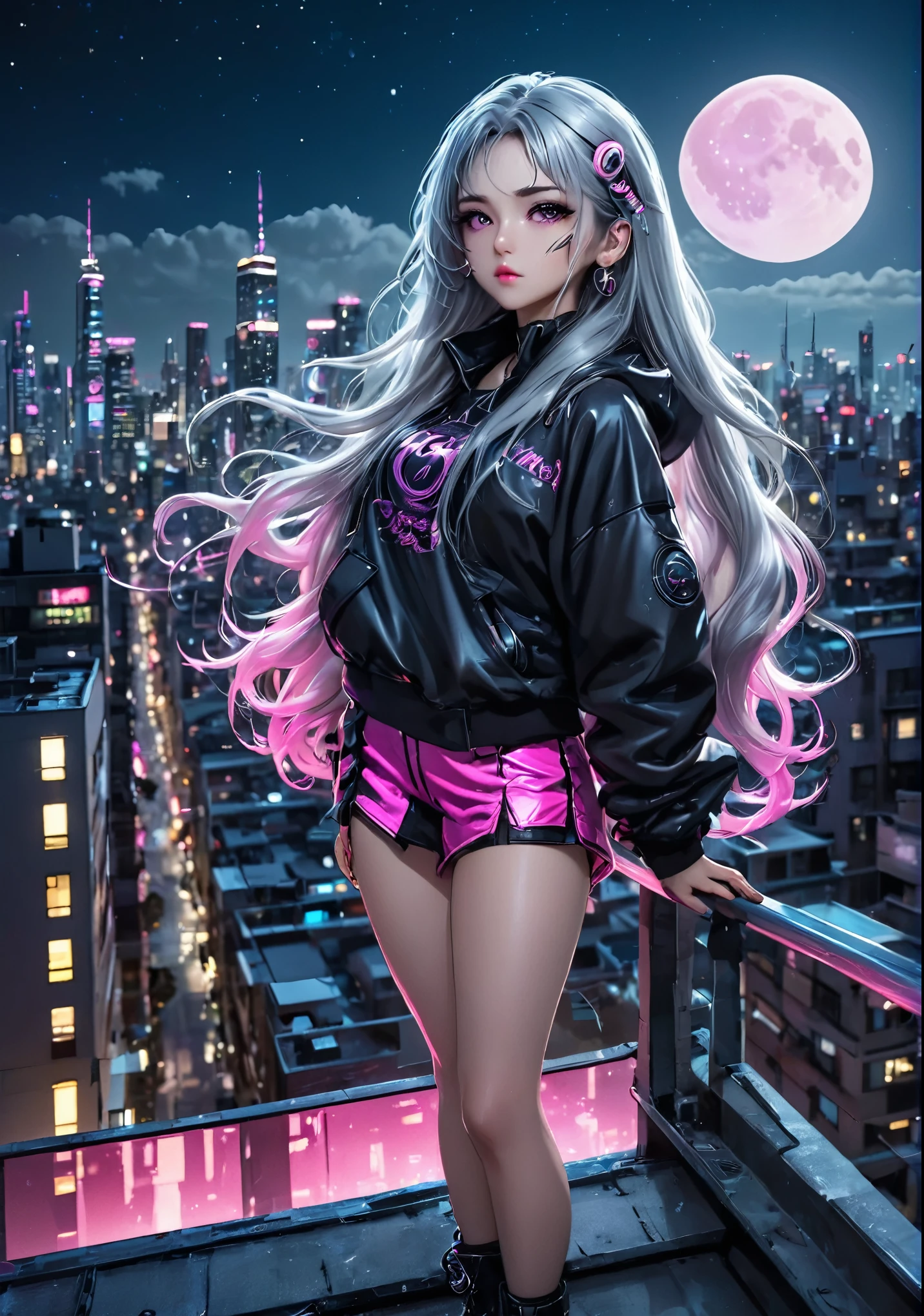 Wolf Girl、Silver long hair、Pink Cyberpunk Fashion、Gaze Here、Stand on the roof of a building、The cityscape below、Moonlit Night、moonlight、Perfect lighting、Sharp Focus、High definition、high resolution、High color rendering、High resolution、Ultra-realistic、photo realistic