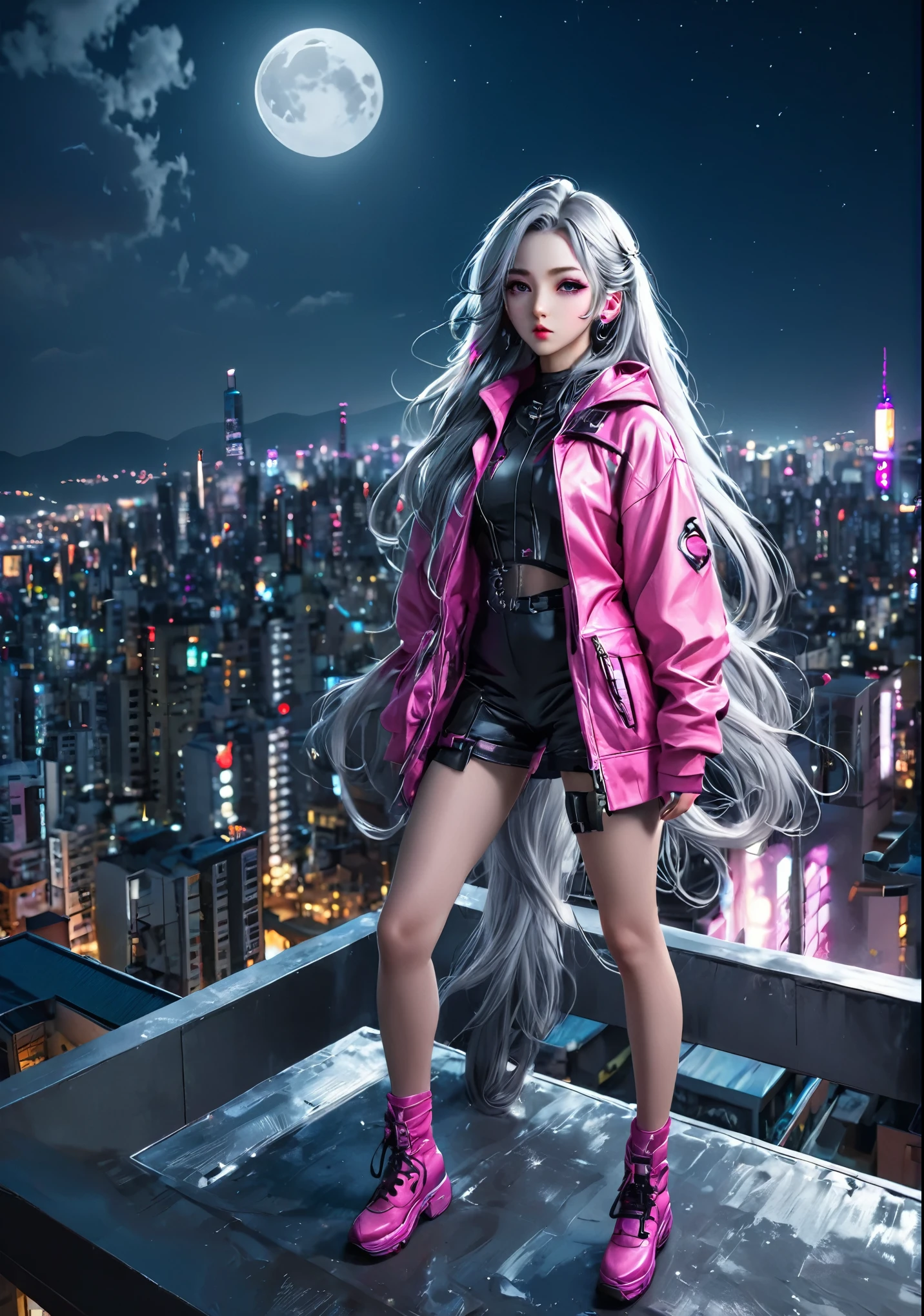 Wolf Girl、Silver long hair、Pink Cyberpunk Fashion、Gaze Here、Stand on the roof of a building、The cityscape below、Moonlit Night、moonlight、Perfect lighting、Sharp Focus、High definition、high resolution、High color rendering、High resolution、Ultra-realistic、photo realistic 