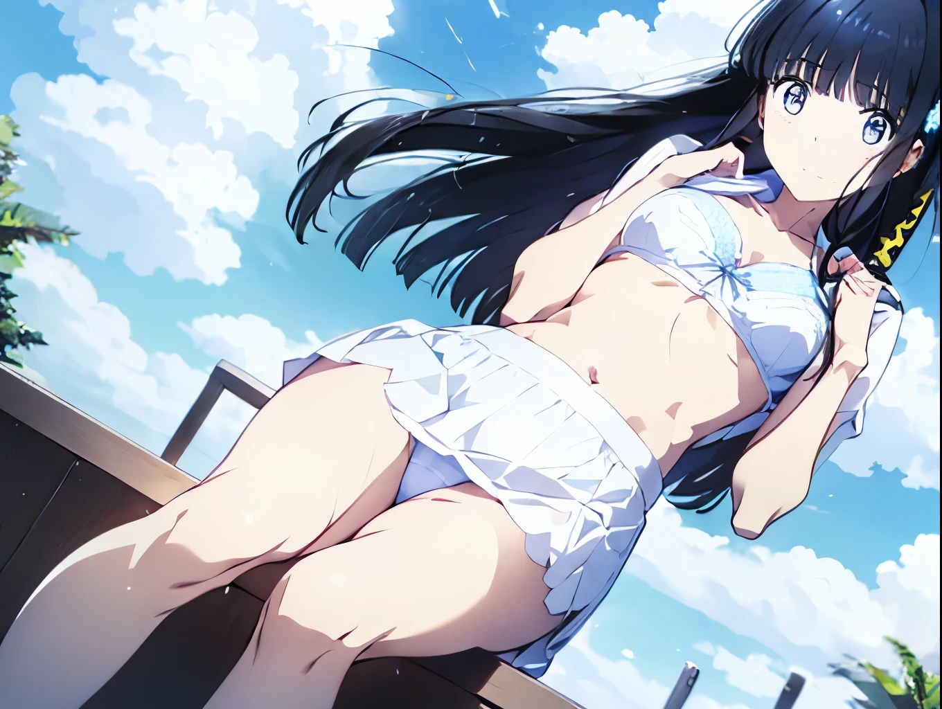 Cute white underwear visible when skirt is lifted、A blue bra showing through the white dress shirt of the uniform、barefoot、Cumulonimbus cloud and blue sky