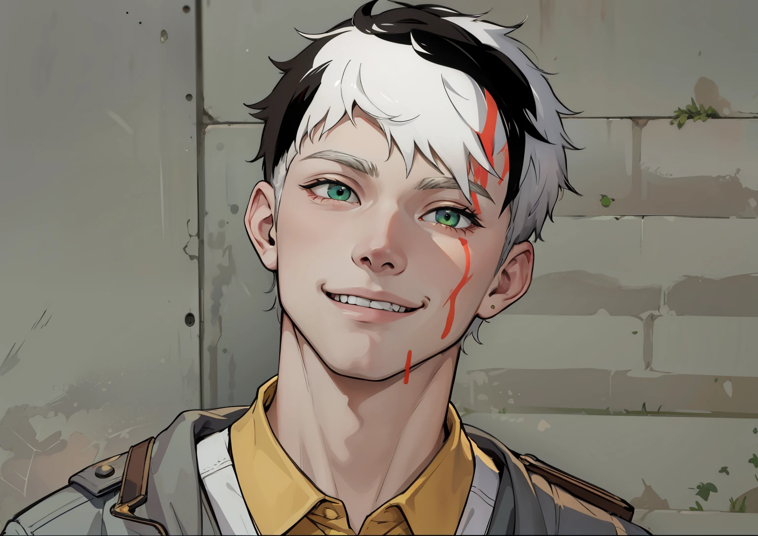 smiles young boy with white hair, green eyes, 18 years old, smiling with mischief, malice