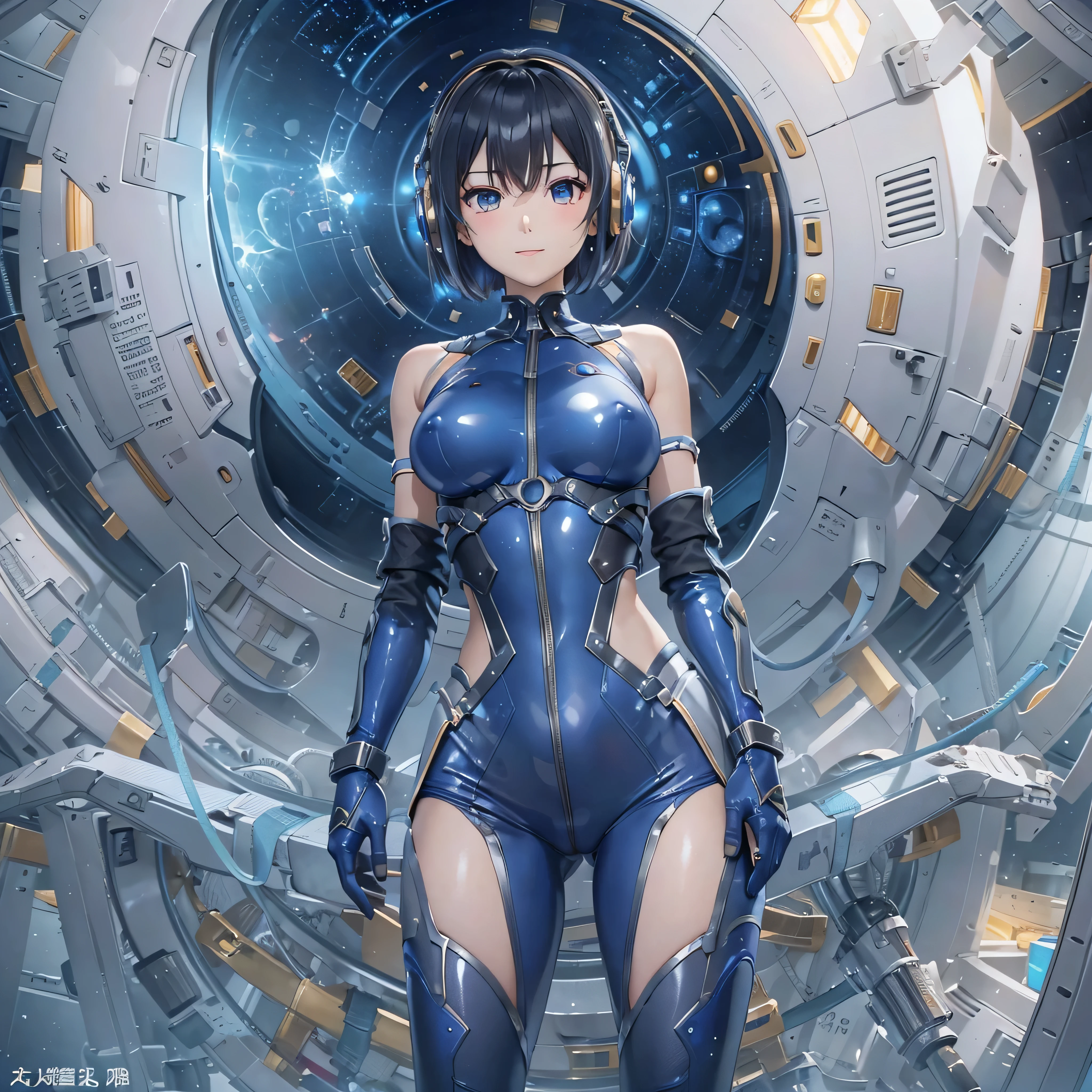 (masterpiece、highest quality、Highest Resolution、Clear_image、Detailed details、Angle from above): (Whole body、One 20 year old girl、Japanese Faces、Small Face、Slender、Navy blue super short bob cut hair、(Hidden small breasts:1.3)、Sparkling blue eyes、Shiny pilot suit in blue and black colors、Chest protection armor、Tight fitting clothes、Clothing that covers the whole body、Glamorous clothes、Tight Fit Pants、Hide your skin、Very delicate and beautiful、Detailed Skin、hide thighs、Hide your ass、Cute、A gentle smile、Soft expression、heroine、headset、Knee-high boots、Elbow-length gloves、Eye Level Shot、Face directly、Woman on a spaceship)