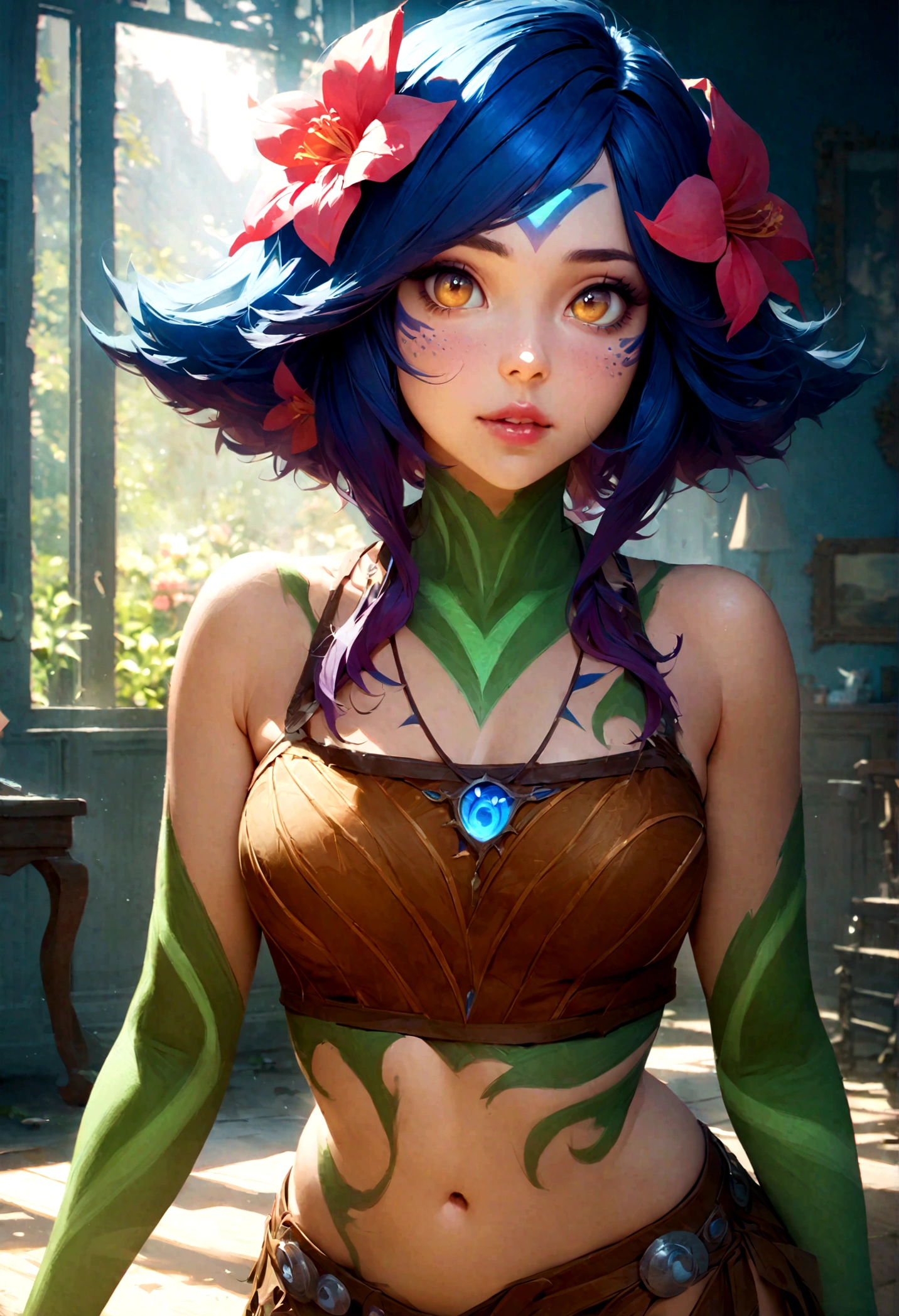 masterpiece,(best quality,top quality,8k),ultra detailed,illustration,painting,detailed eyes and face,(1girl),neeko, multicolored hair,(short hair), facial mark, forehead mark, hair ornament, hair flower, necklace,brown crop top,(puffy eyes),good contrast , high sharpness,(gorgeous),realistic,RAW Photography,(hyperdetailed:1.2),room