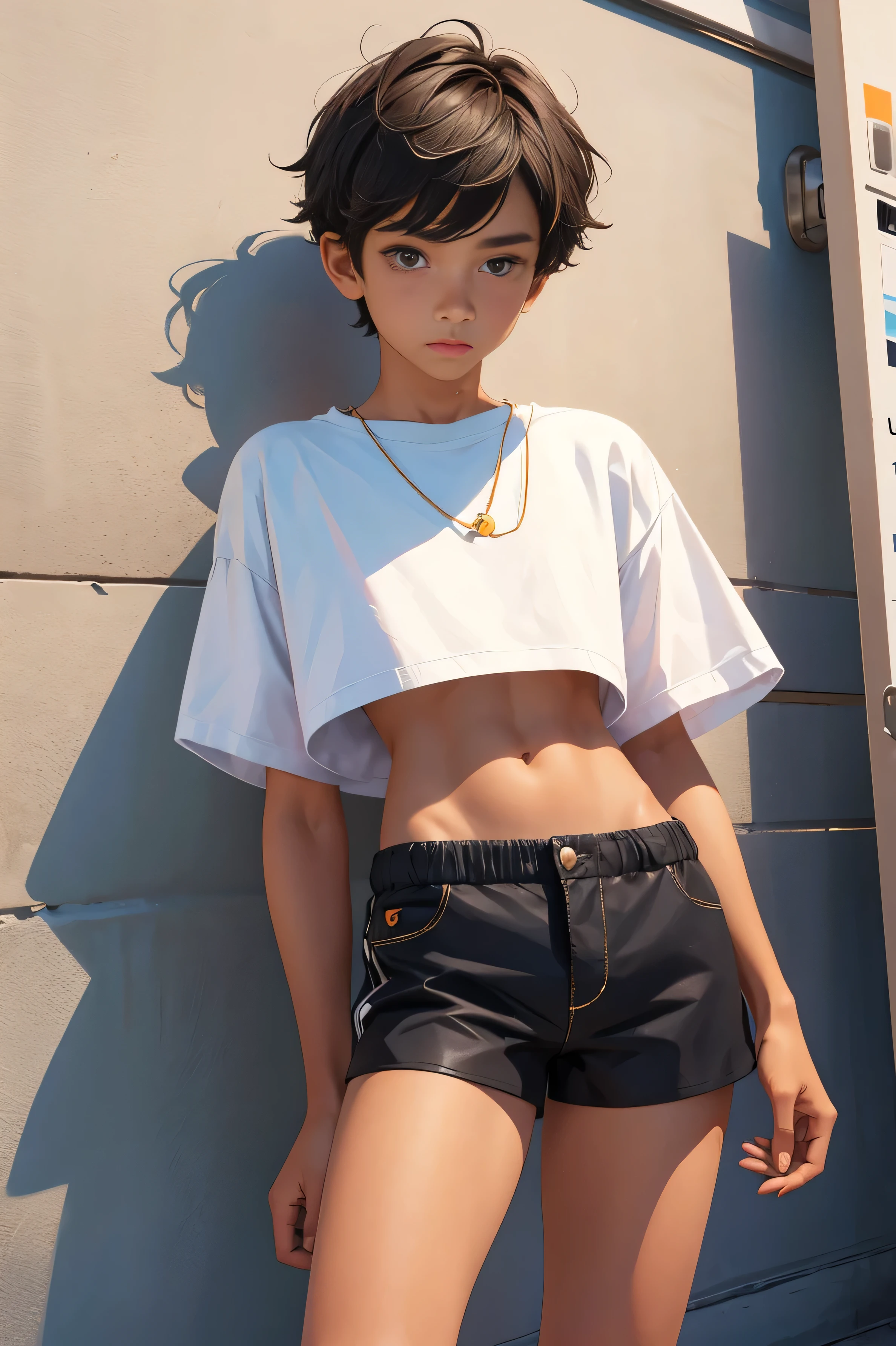 boy 16 ywearing a cropped shirt and too very much short mini shorts, the boy's legs are beautiful and tanned, hot summer, top quality