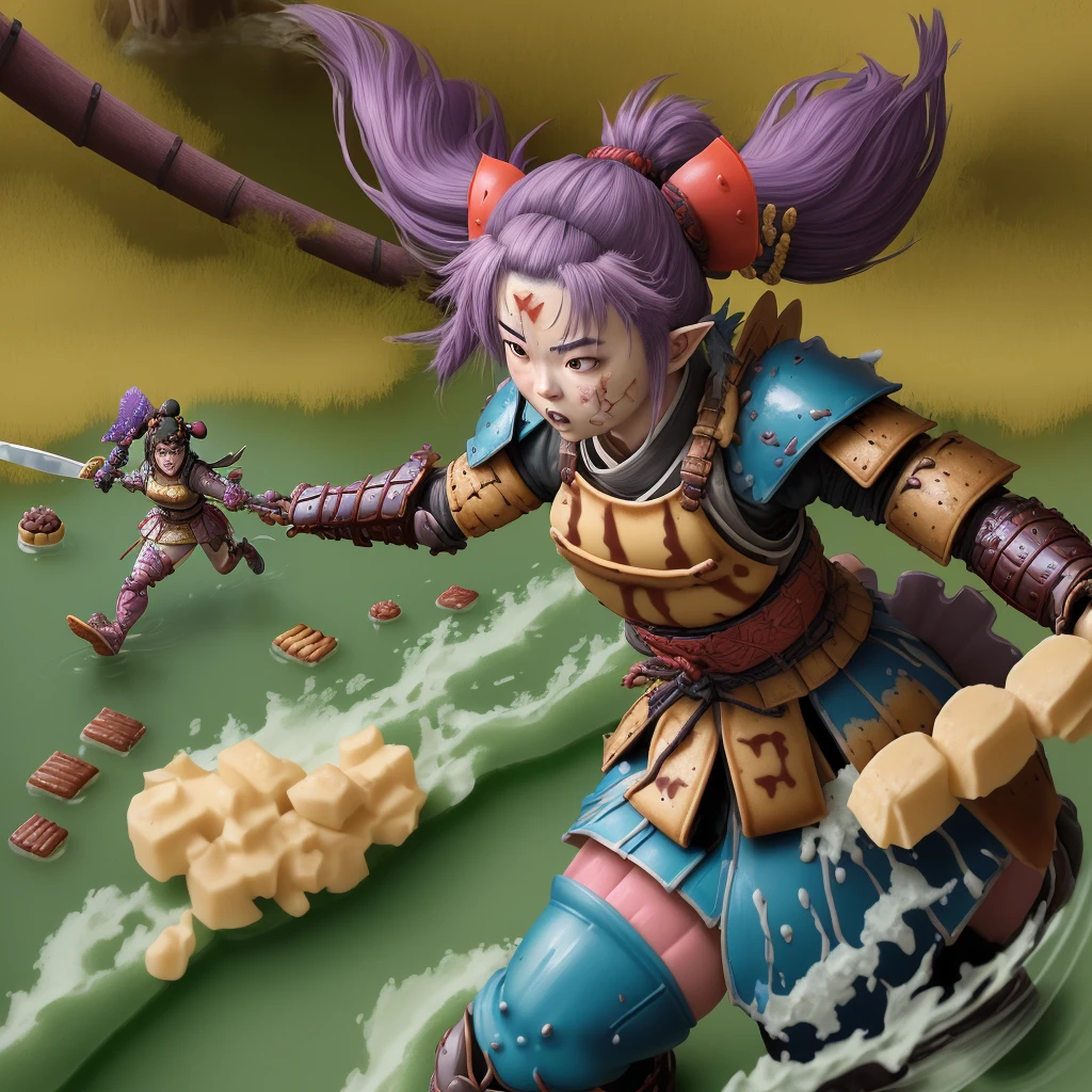 A female samurai adventurer clad in pastry armor and breakfast item themed gear and weapons, trudges through a chocolate syrup Sunday themed swamp and is repelling a raid by gummi goblins