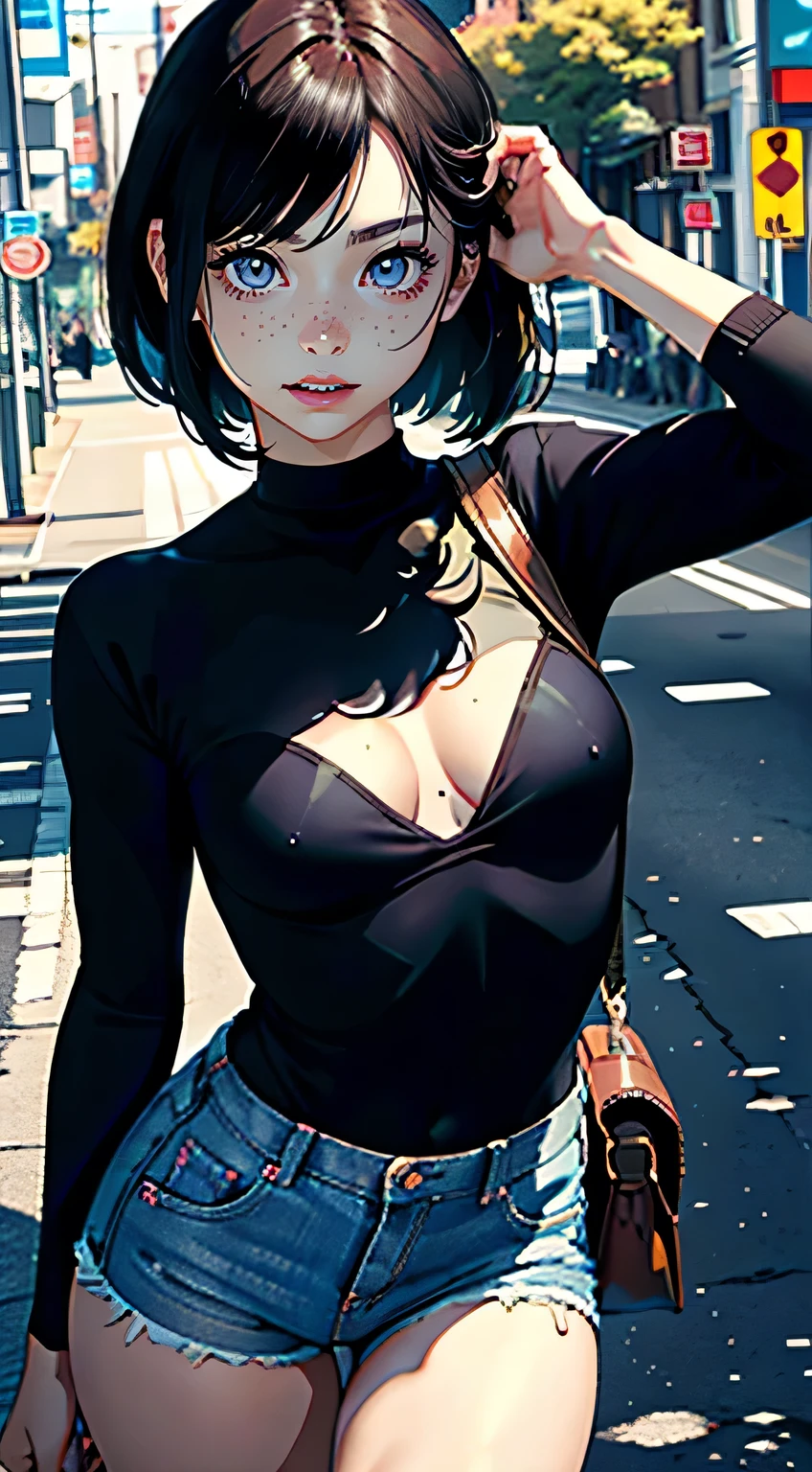 (Highly realistic photos, High resolution, Detailed face, Fine Eyes) Skinny Japanese woman, 28 years old, 1 girl, (1 Ultimate beauty), highly Detailed face, (Perfect Teeth), Detailed eyes, double eyelid, eyelash, Grin, Lip details, Brunette Bob, Thin body type, Very small breasts, Very small waist, Casual clothing, on the road, Full body photo,freckles