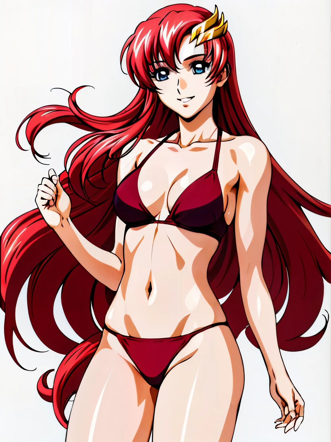 lacus4, (red bikini, running, thong, thin girl, masterpiece, cowboy shot, very slim shoulders, 4K, Best Quality, Anime style: 1.9, happy, Adult Woman, (ultra detailed head), (Drawing lines, high resolution, lacus4), 1girl, Solo, curvy figure, Long hair, clavicle, scapular, (Detailed wide hair bangs, Hair Ornament, Detailed reddish-pink hair, shiny streaks, slim arms, detailed golden crest), cleavage, large hands, (hair cover shoulders). (Big blue eyes, shiny eyes), ((female wrestler, (slim body), slim arms, closed fists, thighs)), ((perfect proportions, medium-small breasts, medium thighs, long belly)), ((totally red bikini)), smile with a wink, (standing, hot colors), detailed fingers, (bare shoulders), (background: simple white background only)