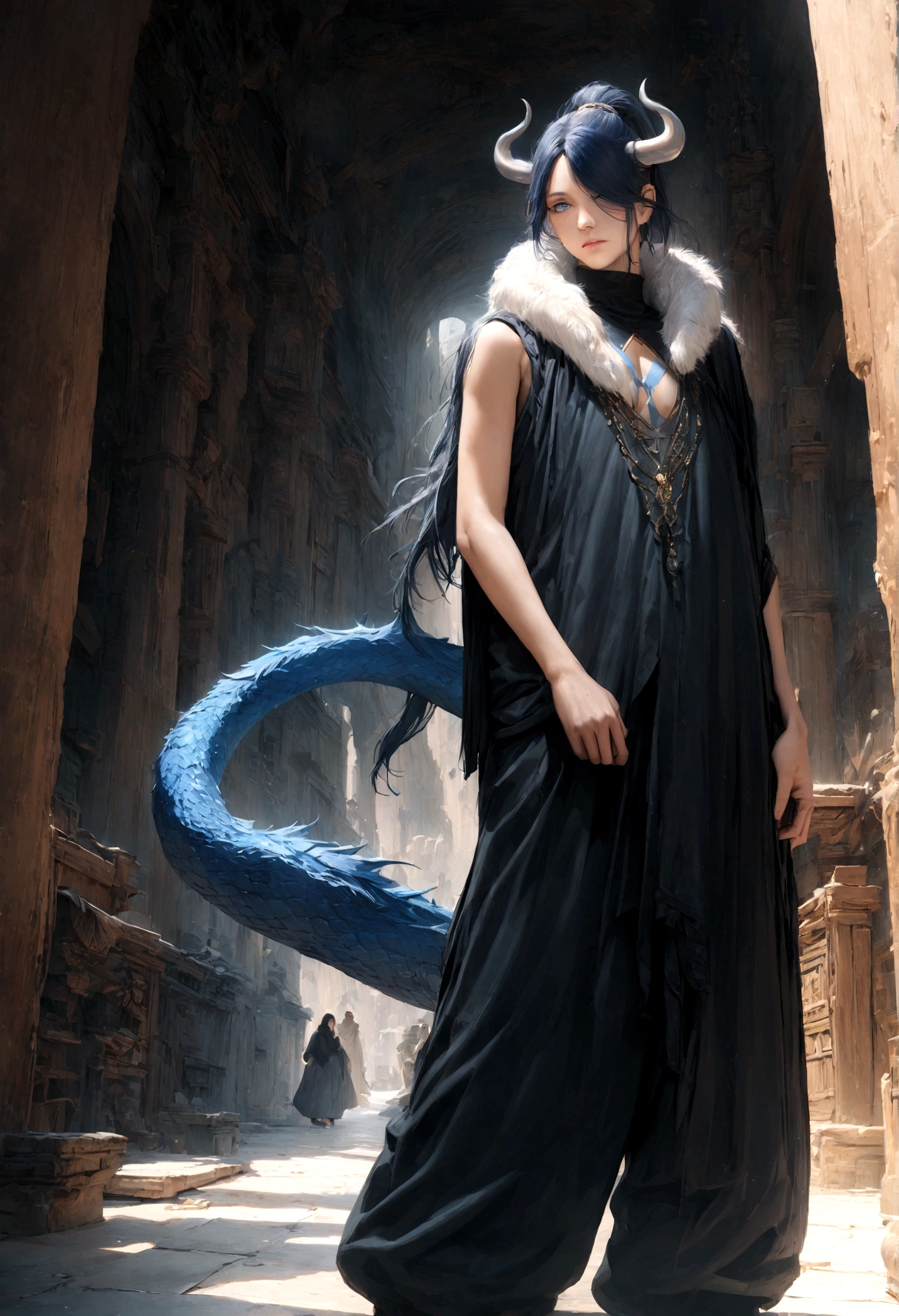 male, long dark blue hair, hair lightens closer to the tips, bangs over one eye, hair in a ponytail, full height, dark robes, dragon blue tail,white horns, calm gaze, blue eyes, black sleeveless turtleneck, small rhomb cutout on the chest, blue tattoos on the forearms, open shoulders, baggy pants, (fur collar on one shoulder), stunning detailed illustration of a masterpiece, vivid colors, cinematic composition, photorealistic, 8k, highest quality, masterpiece
