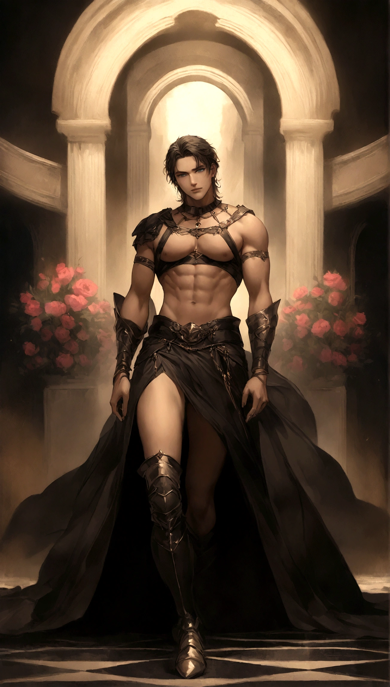 chiaroscuro technique on sensual illustration of an masculine, 26-year-old Italian male model, handsome Roman, (John Cena) he is the god of war, he is Ares, Mars, evil-looking, strong look, light blue eyes, strong jawline, dressed as a gladiator, ancient gladiator, male gladiator skirt, matte painting, by Harumi Hironaka, extremely soft colors, vibrant, pastel, highly detailed, digital artwork, high contrast, golden dramatic, refined, tonal, an intimate, seductive studio setting with a focus on sensuality and romance. Utilize soft, warm lighting that bathes the space in a gentle, inviting glow. Incorporate luxurious fabrics, plush furnishings, and a touch of decadence to evoke an opulent ambiance. The scene should exude an air of serenity and anticipation, inviting the viewer into a sensual and romantic space