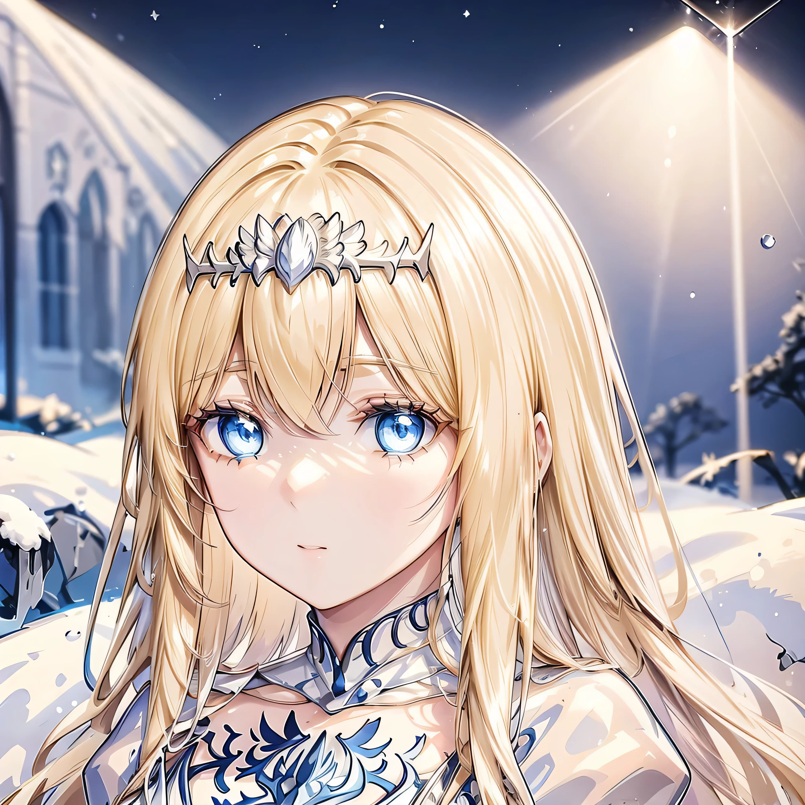 1girl, solo, Calca, Calca Bessarez, blonde hair, extremely long hair, very long hair, white tiara, silver tiara, white dress, blue eyes, medium chest, detailed face, detailed eyes, masterpiece, best quality, night time, winter, dim light, glowing eyes,
