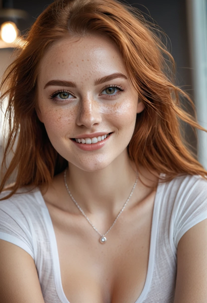 hyperrealistic beautiful busty 20-year-old woman with long legs wearing casual white underwear, model shooting full body photography, natural redhead long straight hair, freckles, soaky wet skin, dark eye makeup with eyeliner, seductive smile, small necklace, 8K, Best quality, Meisterwerk, ultra high resolution, (Realismus: 1.4), Originalfoto, (realistische Hautstruktur: 1.3), (Filmkorn: 1.3), (Selfie-Winkel), 1 girl, Beautiful round hazel eyes and facial details, Meisterwerk, Best quality, indoor photography
