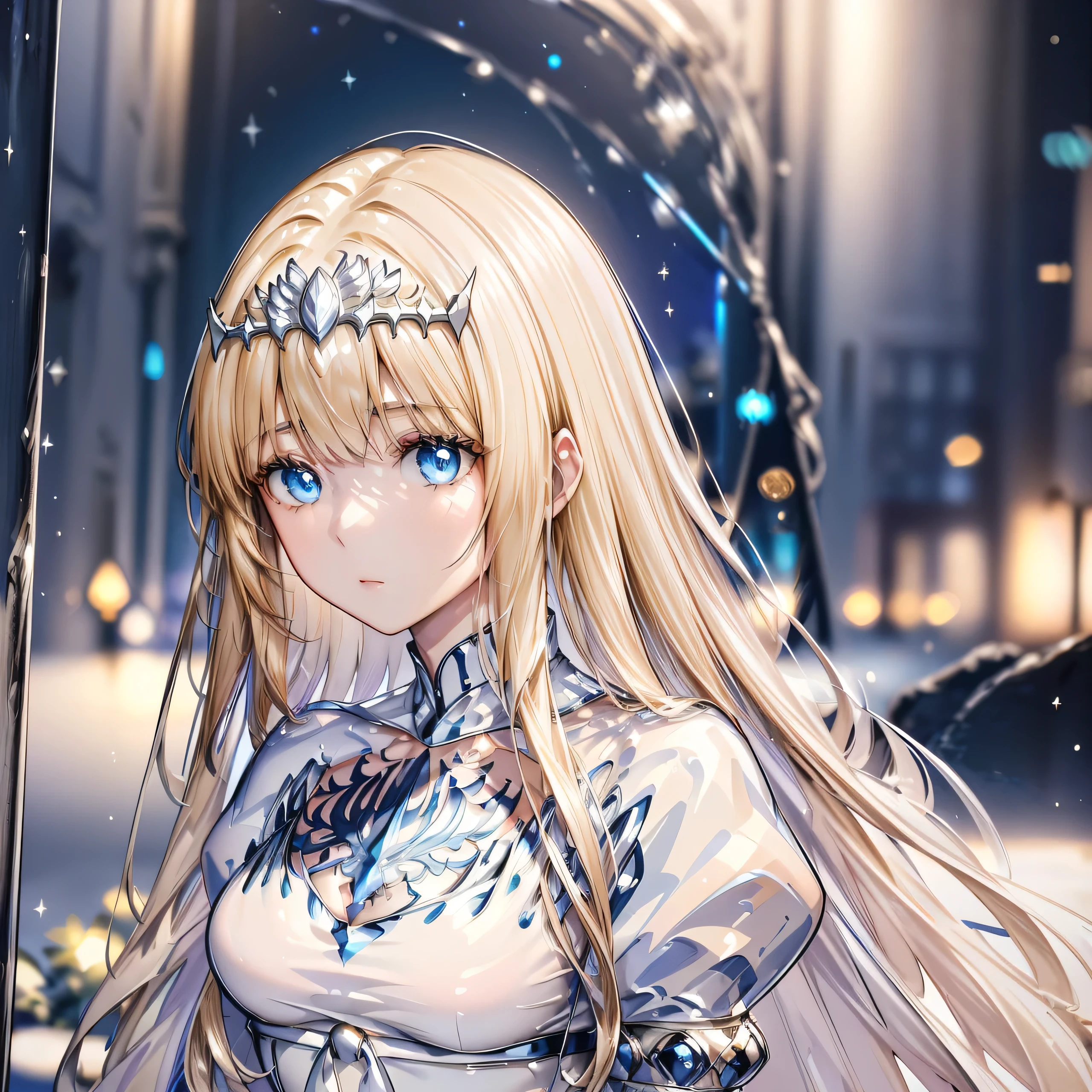 High definition RAW color art, Animation,sculptures, silver marble skin, (((Ultra detailed elegant))), Magical atmosphere, (Detailed skin, Texture (Intricately detailed, Fine detail, ultra-detailliert), deep blue moonlight, depth of fields, Bokeh, silky touch, beautiful eyes,  Big Christmas Tree, Hyper Detail, Matte Drawing, Pastel purple, looking back, 1girl, solo, Calca, Calca Bessarez, blonde hair, extremely long hair, very long hair, white tiara, silver tiara, white dress, blue eyes, medium chest,