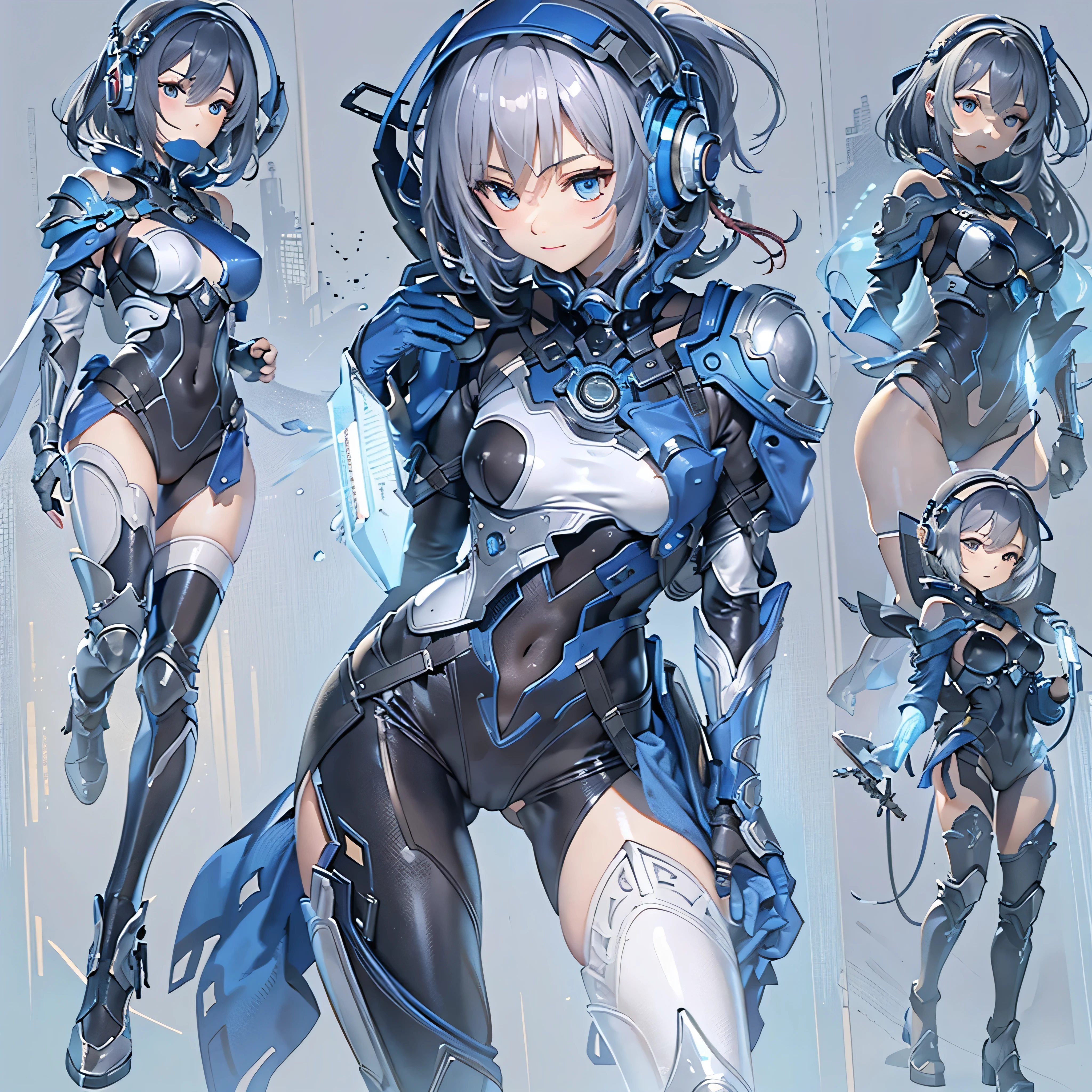 (masterpiece、highest quality、Highest Resolution、Clear_image、Detailed details、Angle from above): (Whole body、One 20 year old girl、Japanese Faces、Small Face、Slender、Navy blue super short bob cut hair、(Hidden small breasts:1.3)、Sparkling blue eyes、Shiny pilot suit in blue and black colors、Chest protection armor、Tight fitting clothes、Clothing that covers the whole body、Glamorous clothes、Tight Fit Pants、Hide your skin、Very delicate and beautiful、Detailed Skin、hide thighs、Hide your ass、Cute、A gentle smile、Soft expression、heroine、headset、Knee-high boots、Elbow-length gloves、Eye Level Shot、Face directly、Woman on a spaceship)