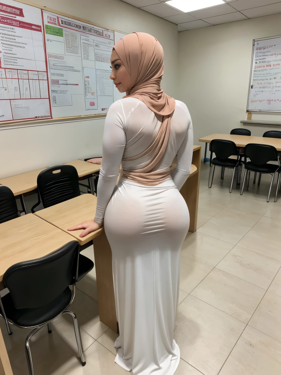 (double exposure), back view, A malay beautiful huge breasts matured mom stand behind white board,((35 year old)), ((malay women)), curvy fit body shape, round ass, bigger ass, protruding ass,, huge thighs, ((wearing white, fitted baju kurung,long sleeves)), ((hijab)), (looking at viewer),flirt, school classroom, glasses,  pov, solo, single, full body, (cleavage), bent over,skin texture, ultra high res, RAW, instagram LUT, masterpiece, best quality, ultra-detailed, ultra high resolution, RAW, 4k,