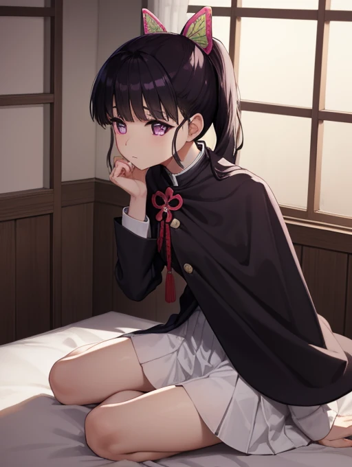 Kanaotsu Yuri, kanao tsuyuri, Black Hair, butterfly, butterfly hair ornament, (Purple eyes:1.1), Side ponytail, ponytail,
Blake Black skirt, Cape, Demon Slayer uniform, Long sleeve, プリーツskirt, skirt, 白いCape,Embrace、キスをする
break looking at viewer,
Indoor rest, Shabby room,
break (Tabletop:1.2), highest quality, High resolution, unity 8k wallpaper, (figure:0.8), (Beautiful fine details:1.6), Highly detailed face, Perfect lighting, Highly detailed CG, (Perfect hands, Perfect Anatomy),