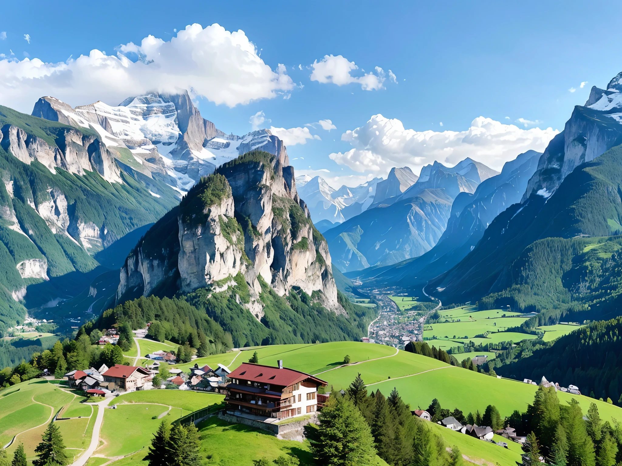 Snow Capped Mountain々And the small house in the foreground, lauterbrunnen valley, Switzerlandアルプス, in the Switzerlandアルプス, The Alps are in the background, Switzerland, Zenith View, Alpine Landscape, The Alps, very very very beautiful scenery, very very beautiful scenery, Beautiful mountains behind々, Mountainous Regions, Nice views, Nice views, Nice view,(Highest quality),(8k),(RAW Photos),(Ultra-detailed images)