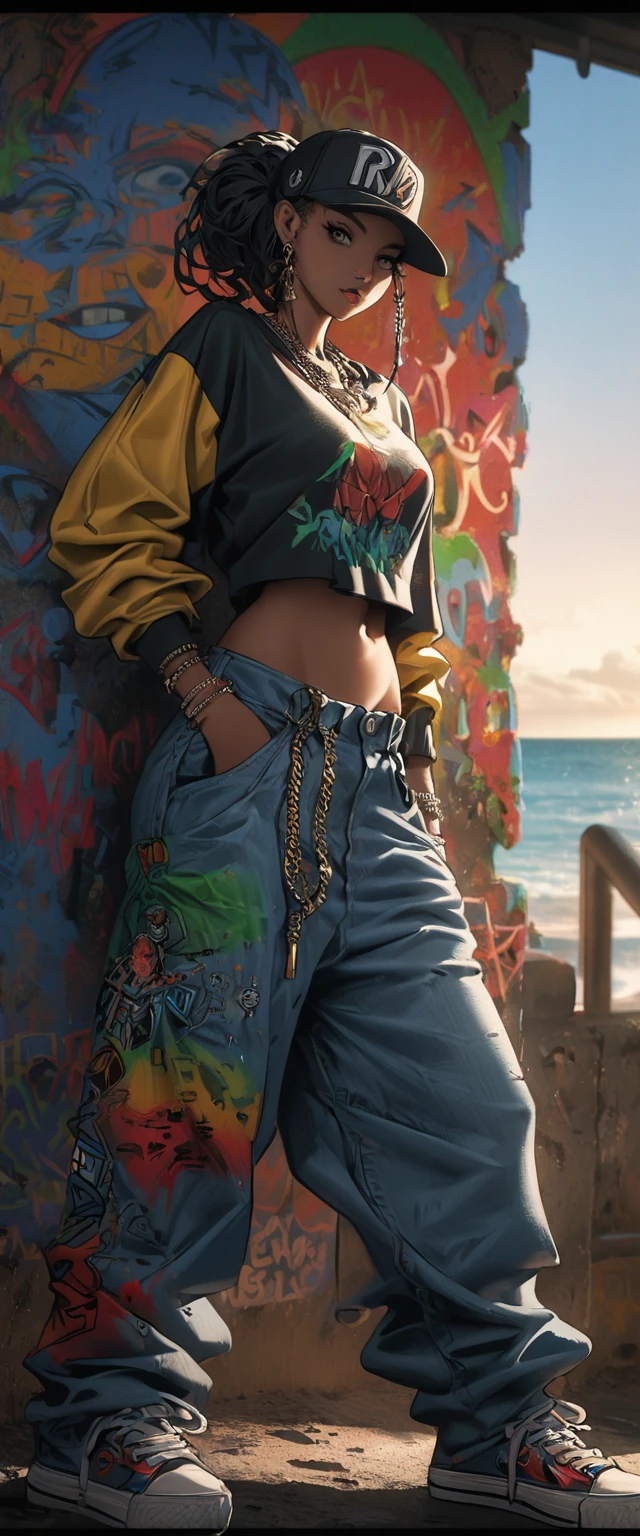 Full color drawing of Jamaica hip hop, hip hop, hip hop, hip hop, Baggy jeans, wrap (((Graffiti art) (By Karen Griffiths))), With the sea in the background, Crazy Details, Intricate details, Super Detail , Low contrast, Cinema Soft Light, Exposure Blending, High Dynamic Range, front