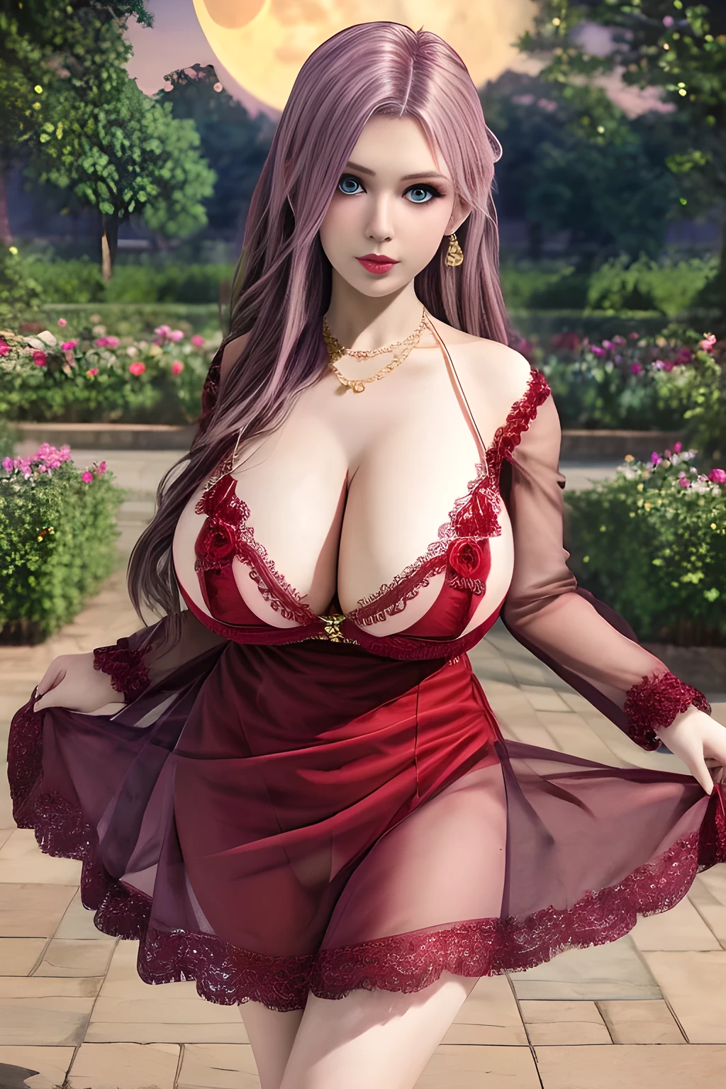 1girl,wore a red dress with delicate lace embellishments ,garden,moon,(huge breasts),lactating,(lip gloss),(masterpiece), best quality, (real life portrait photography:1.5),unltra detailed,8K,Shot with a professional-grade camera like the Nikon D850,every intricate detail is captured, from the subtlest expression to the glimmer of anticipation in her eyes,Focus on thighs and above,solo,  elise,
