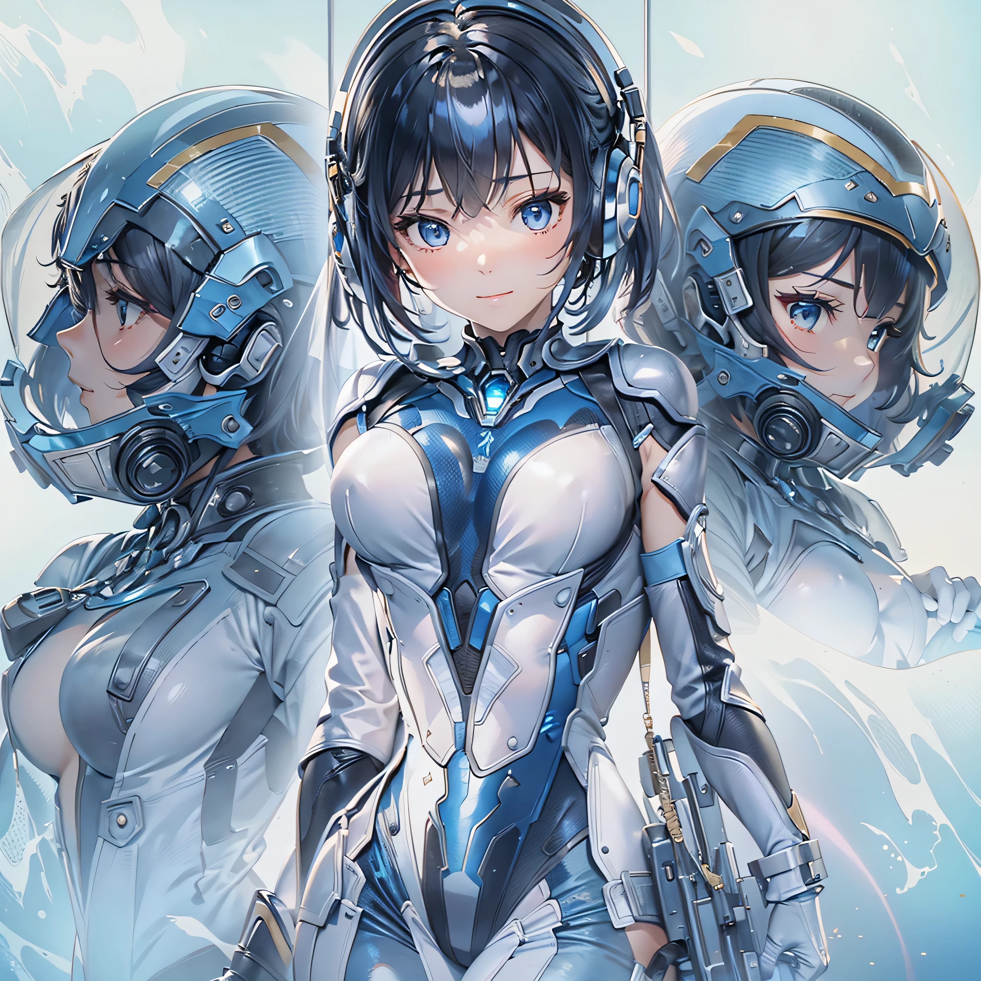 (masterpiece、highest quality、Highest Resolution、Clear_image、Detailed details、Angle from above): (Whole body、One 20 year old girl、Japanese Faces、Small Face、Slender、Navy blue super short bob cut hair、(Hidden small breasts:1.3)、Sparkling blue eyes、Shiny pilot suit in blue and black colors、Chest protection armor、Tight fitting clothes、Clothing that covers the whole body、Glamorous clothes、Tight Fit Pants、Hide your skin、Very delicate and beautiful、Detailed Skin、hide thighs、Hide your ass、Cute、A gentle smile、Soft expression、heroine、headset、Knee-high boots、Elbow-length gloves、Eye Level Shot、Face directly、Woman on a spaceship)