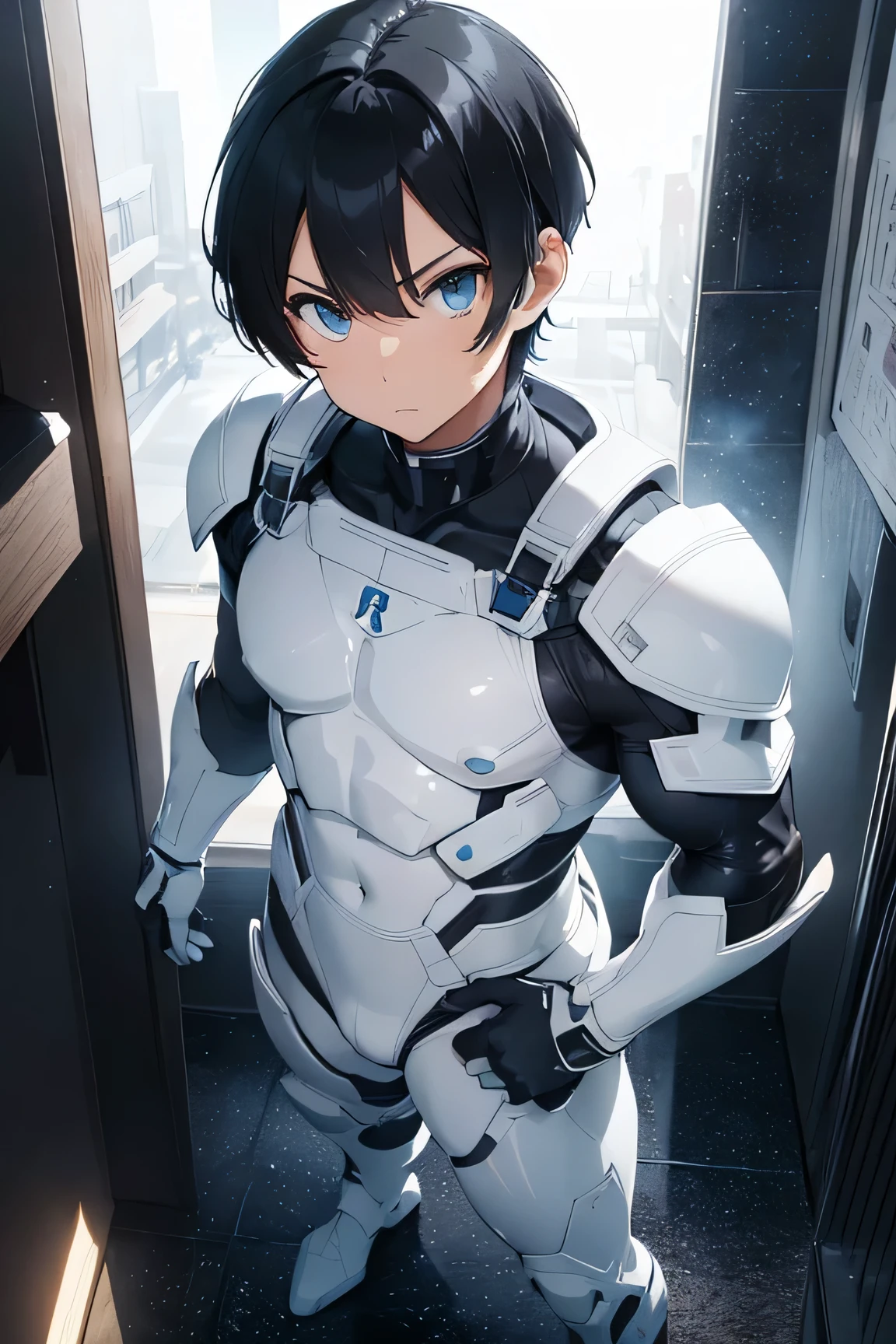 Handsome man　Adult Japanese　Fierce　cyborg　　Very short, cropped black hair　future　universe　Science fiction　The background is the galaxy universe　White and blue armor　White rubber suit　White mega bulge　Gloves　　Standing posture　Looking up from the feet　looking at the camera　　Wearing a white helmet　Wearing a white helmet　Adult Japanese　Fierce