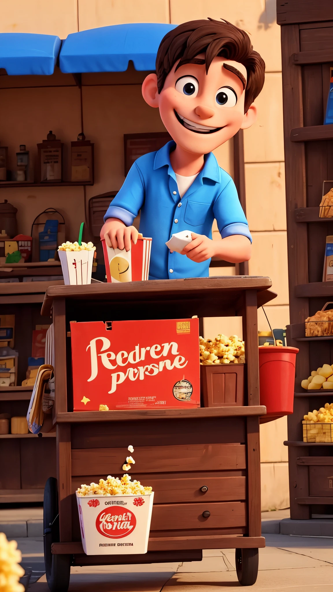 John pushing a popcorn cart, sorrindo para as pessoas ao seu redor.