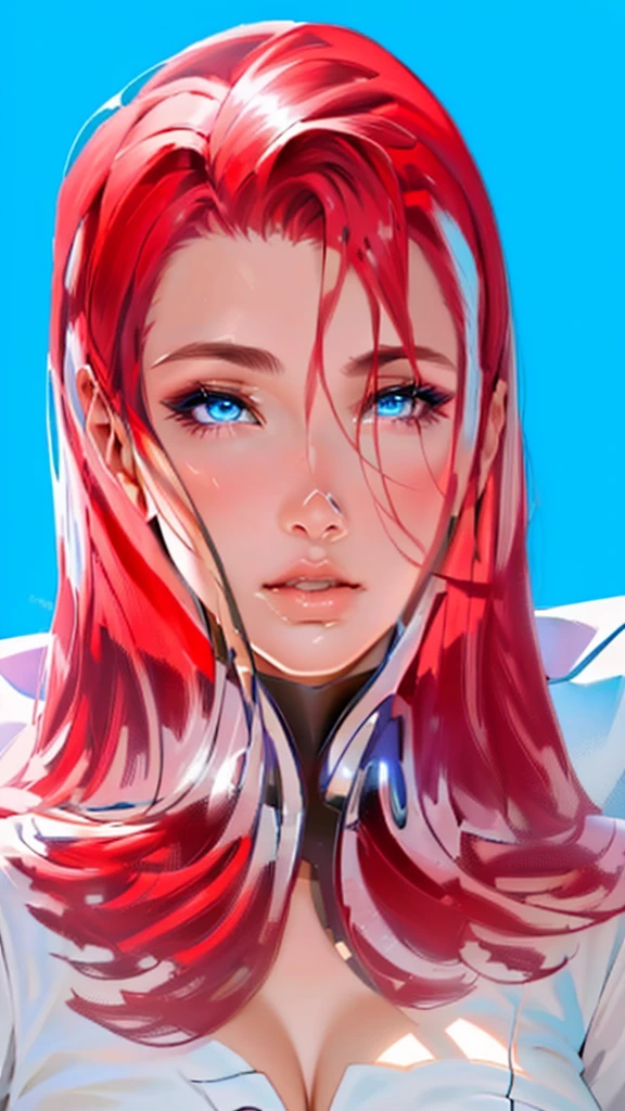 master piece, 8k detail, beautiful woman, full shinny red hair, blue eyes, glossy pouty lips, button nose, pretty face, white back ground