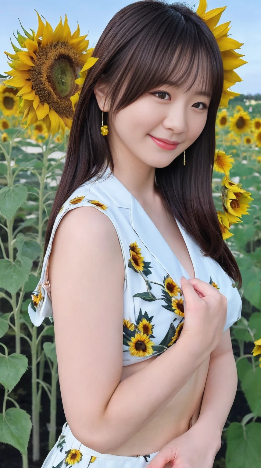 最high quality、high quality、Best image quality、Big Breasts、8k,Sunflower print bikini,micro bikini,Sideboob:1.2、Underboob:1.2,smile、最High resolution、High resolution、最high quality、masterpiece、RAW Photos、whole body写真、Detailed and realistic human body、Detailed and realistic skin、Realistic face in every detail、Detailed and realistic eyes、Detailed and realistic lips、Detailed and realistic teeth、Detailed and realistic ears、Detailed and realistic hair、Detailed and realistic weapons、Realistic reproduction of every detail、Realistic fingers in every detail、(Beautiful Hands、thumb１reference４)、Realistic feet down to the last detail、((Beautiful Japanese Woman))、(Japanese Model)、((21 year old beautiful woman))、(Black Hair)、(Straight hair)、((whole body))、(Slim and perfect figure)、(whole body光沢肌、Fair skin)、Detailed and realistic human body、Detailed and realistic skin、Realistic face in every detail、Detailed and realistic weapons、Realistic fingers in every detail、Detailed realistic feet、Soft natural light、A 360-degree sunflower field、((standing in the middle of a field of sunflowers(A girl surrounded by sunflowers 360 degrees))、Poses to make your thighs look beautiful