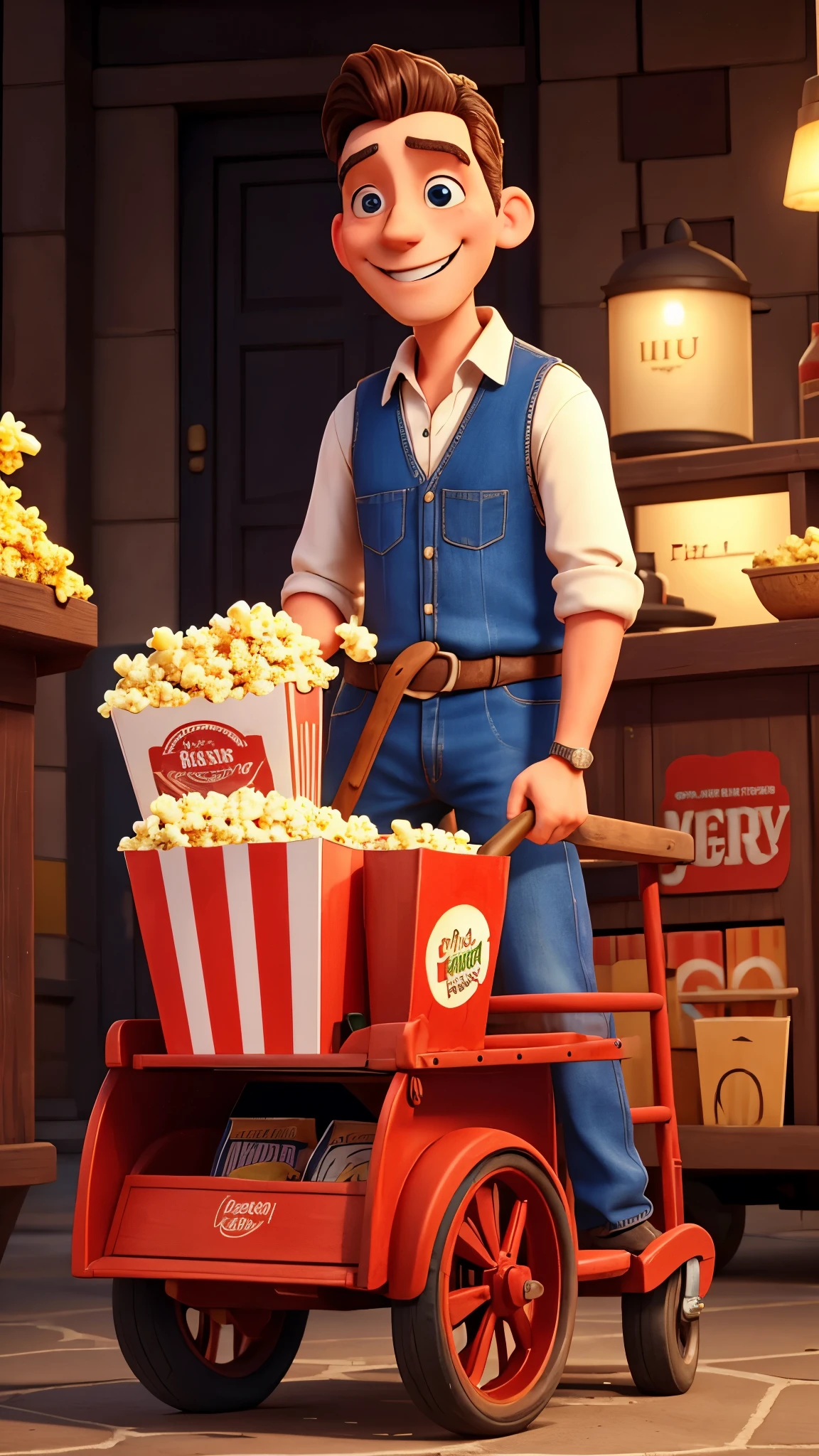 John pushing a popcorn cart, sorrindo para as pessoas ao seu redor.