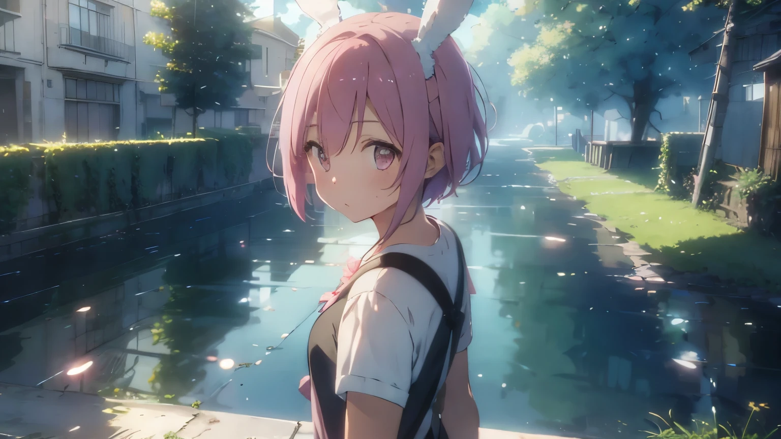 highest quality, pretty girl, Fluffy bunny ears, Pink short bob,Pale pink eyes,Fantastic waterside,Age 25