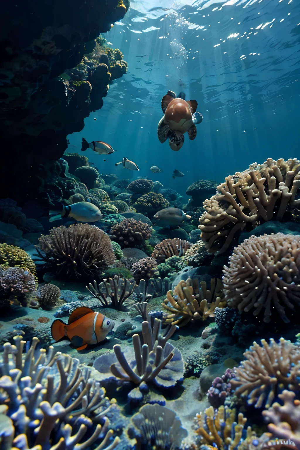 scene teeming with colorful coral, busy clownfish, and a gentle sea turtle
An underwater scene teeming with colorful coral, busy clownfish, and a gentle sea turtle