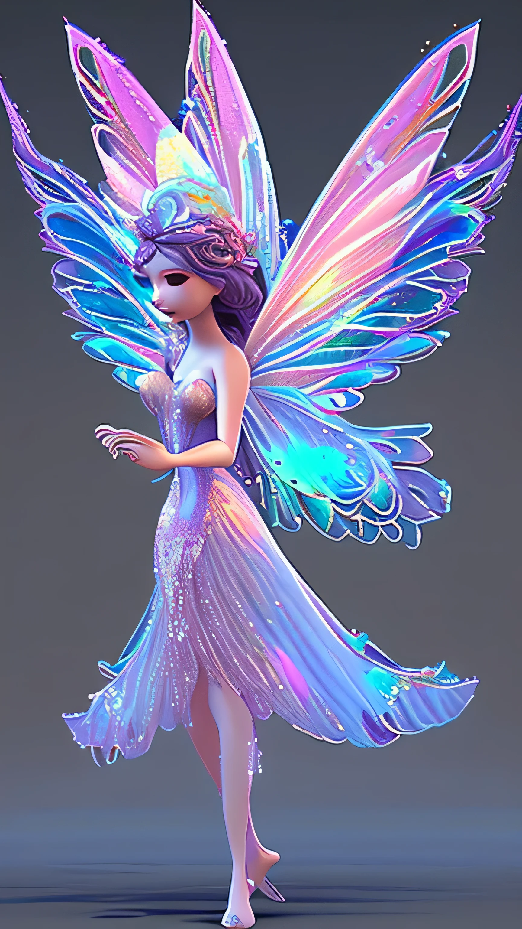 Create a 3D holographic fairy with delicate, shimmering wings. Her form should exude an ethereal glow, with colors shifting like a rainbow. The fairy's movements should be graceful and fluid, surrounded by sparkles and magical light effects.