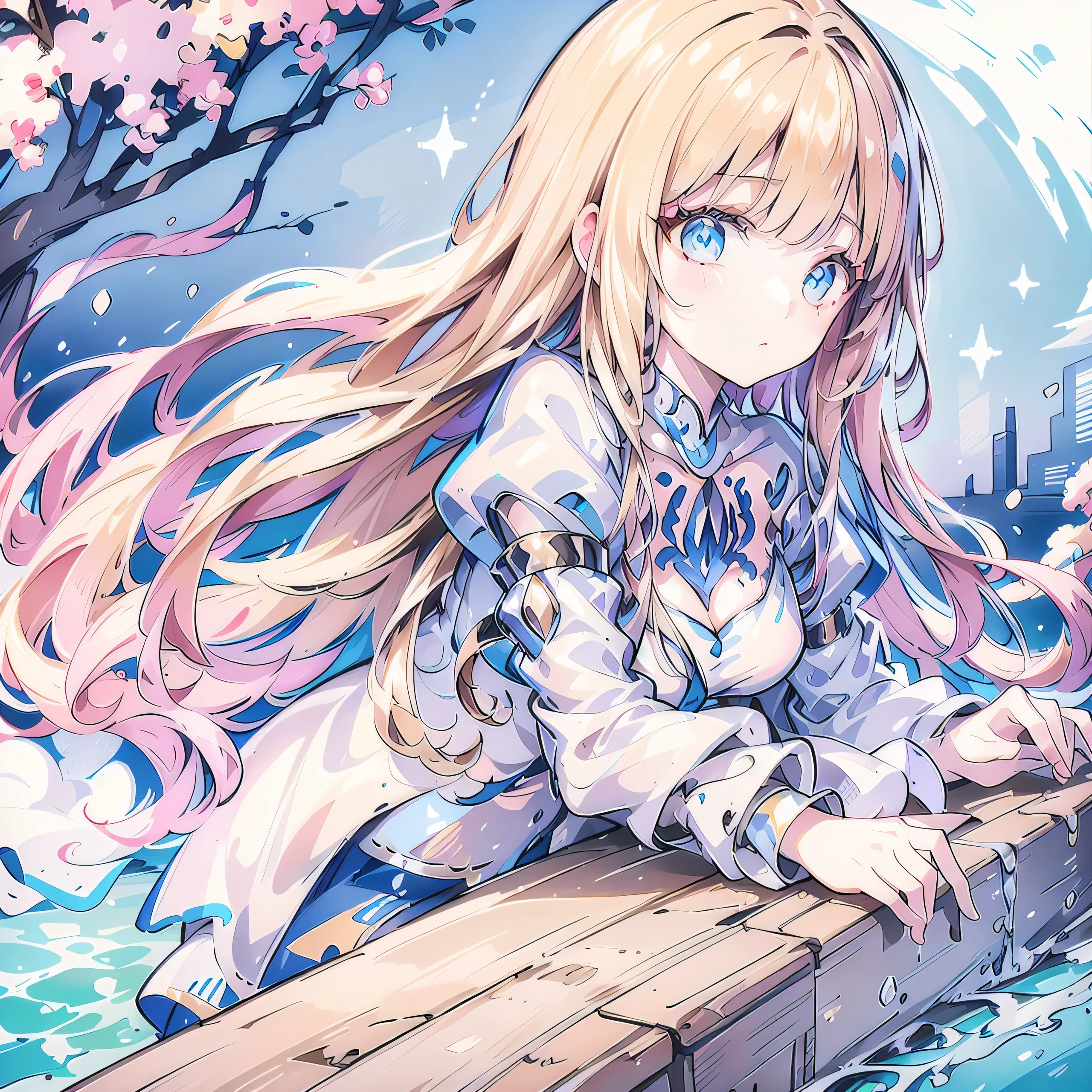 (Masterpiece), (Best Quality), (1 Girl)), Amazing, Beautiful Detail Eyes, Fine Detail, Depth of Field, Original, ((Best Quality)), ((Super Detailed)), (Best Illustration), (Best Lighting, Best Shadow), (Very Delicate and Beautiful)), Very Detailed Wallpaper, Dream Background, From Side, Landscape, Young Girl, , Full Body, Eyes in Beautiful Details, winter, light, light makeup, outdoors, blushing, lying by the lake, looking away, on a wooden boat, wind blowing, floating, 1girl, solo, Calca, Calca Bessarez, blonde hair, extremely long hair, very long hair, white tiara, silver tiara, white dress, blue eyes, medium chest,