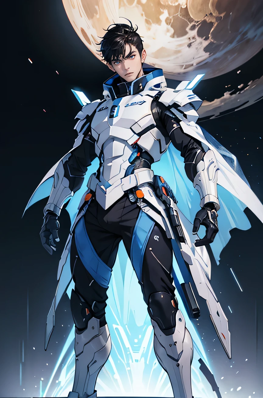 male Fierce cyborg future universe Science fiction The background is the galaxy universe White and blue armor Standing posture Looking up from the feet Bulge looking at the camera Body with visible mechanical parts Wires connected to black hair