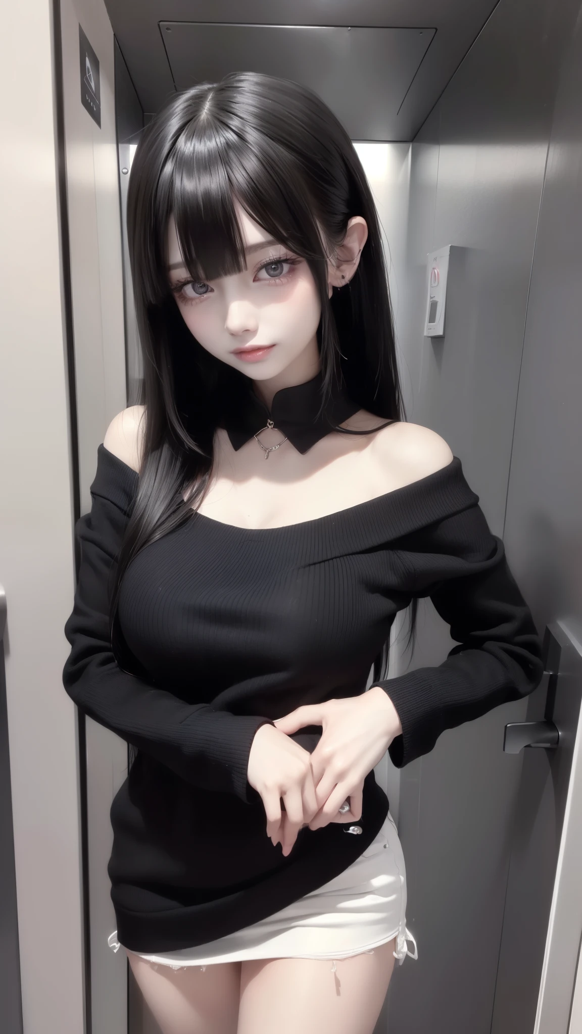 (Safety Sensor、sfw:1.8, Approved as safe、Can be viewed:1.8),masterpiece、masterpiece、highest quality、highest quality、Accurate the human body、Lighting to suit the mood、Accurate、Elaborate、masterpiece、Exquisite facial detail、Detailed Background、Background Blur、Detailed and beautiful background、Accurate 5-finger、Accurate human body、The perfect human body、
break、
(Straight long Black hair、Heavy bangs、White skin、Super big boobs:1.5、nightlife:1.8, night:1.6, Dim lighting:1.8, jirai girl:1.5, jirai makeup:1.2), Open Doorway:1.8、 Off-the-shoulder sweater、No underwear:1.5,Vulgar Grin:1.8, Mesgaquismiles:1.8、Sexually provocative girl:1.8、Elevator with night view:1.8