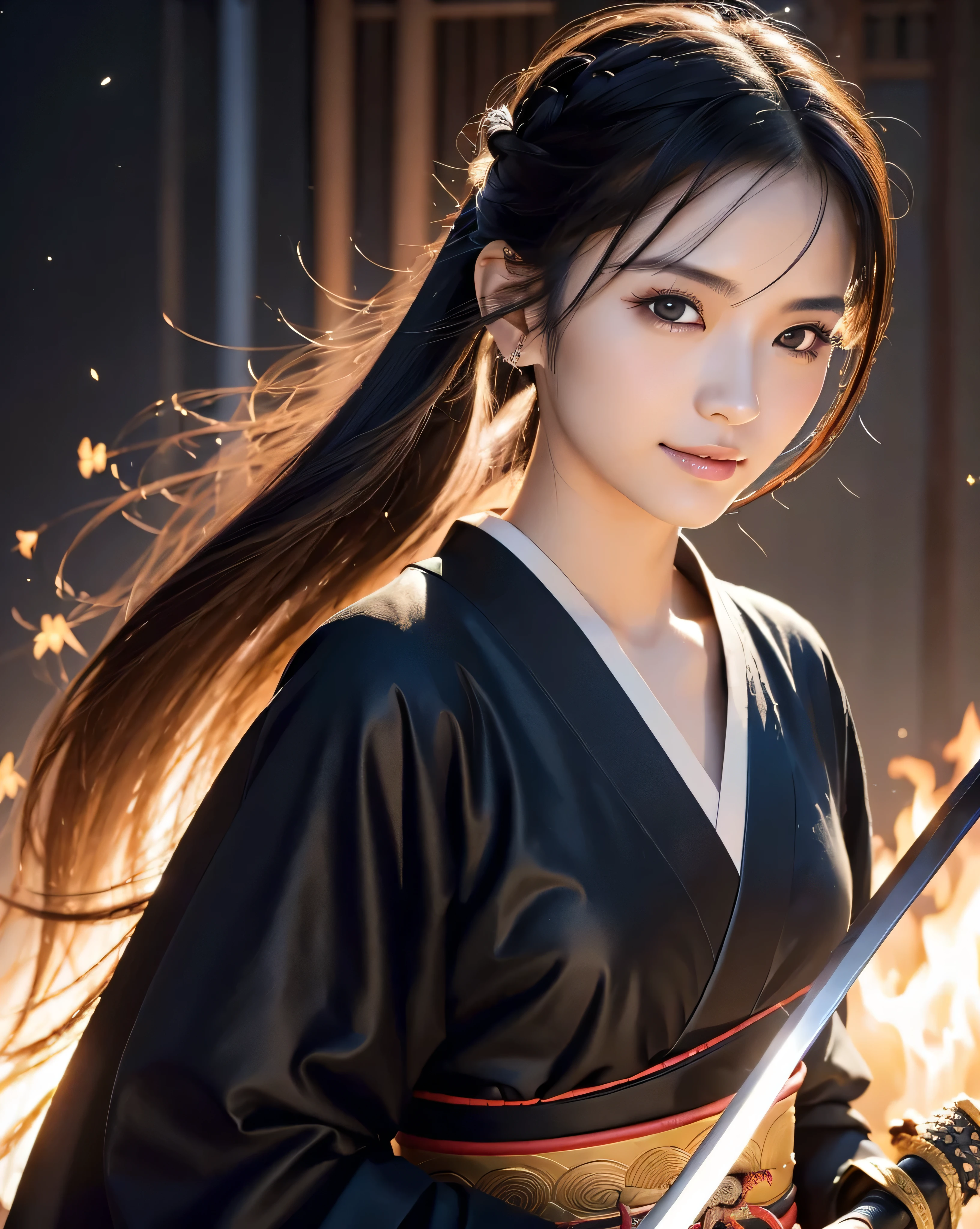 (highest quality, 32k, High resolution, masterpiece:1.5, ), marimo_jet, god々A photograph with brilliant dazzling power and the power to exorcise demons.,A female samurai who exorcises darkness by harnessing her inner strength in her sword., Expressing emotions, Have a rich imagination, Beautiful Japanese Girls, ((Traditional Japanese streets burn down:1.2)), An exceptionally beautiful face, Small Face Beauty, ((Bust Shot)), Perfect Human Anatomy, Magical big eyes, Motherhood and generosity, Deep Love, fleeting smile, Shiny black hair, Ponytail swaying in the wind, Asymmetrical bangs, Hair between the eyes, Transparent, soft white skin, Sharp eyebrows, Thin lashes, Natural Makeup, Cheek highlighter, Detailed lips, ((Swordsman with a Japanese sword:1.4)), ((Background of a burning flame in the dark night:1.1)), Professional Lighting, Professional photographer, Professional models, God's Secret