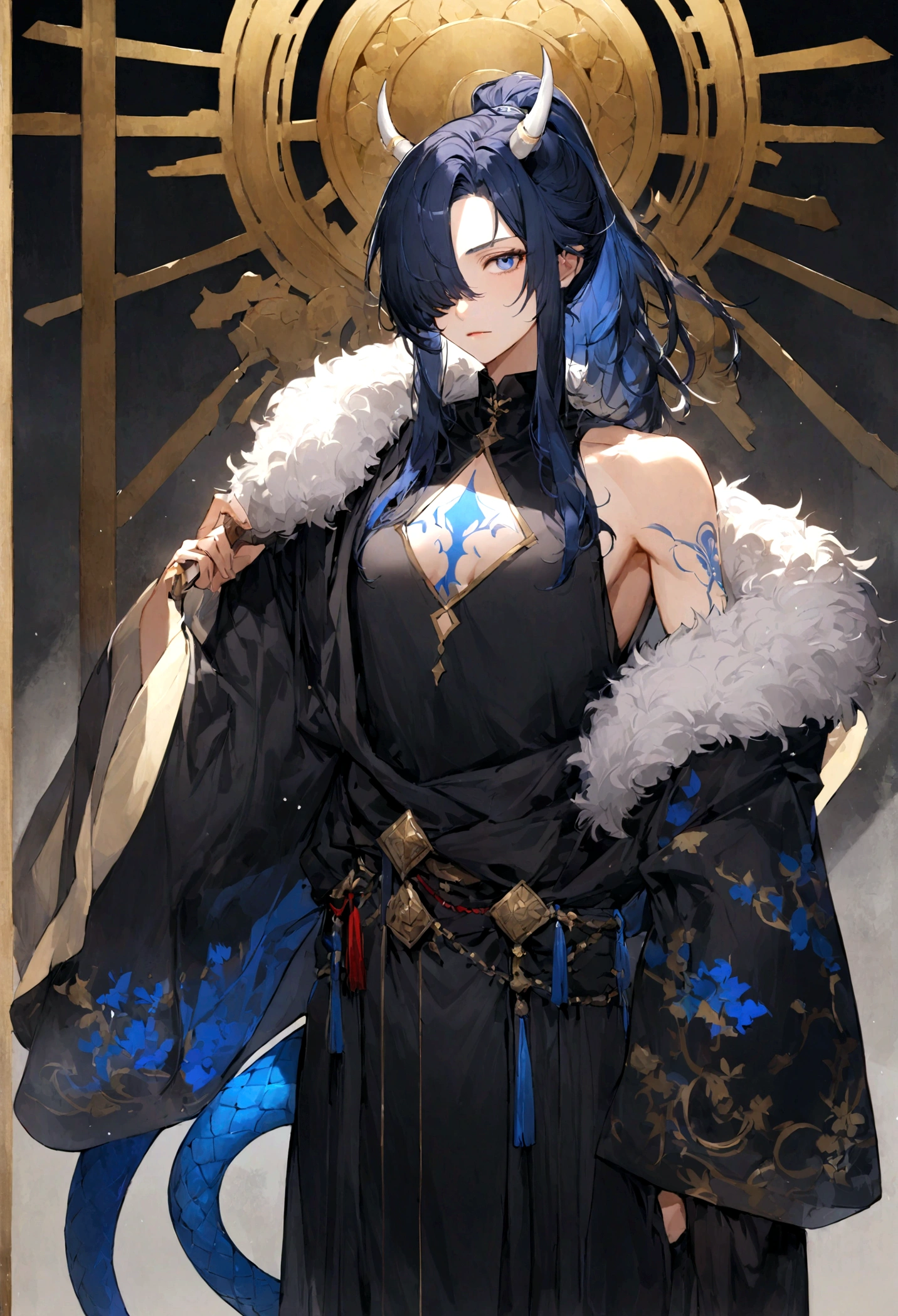 male, long dark blue hair, hair lightens closer to the tips, bangs over one eye, hair in a ponytail, full height, dark robes, dragon blue tail,white horns, calm gaze, blue eyes, black sleeveless turtleneck, small rhomb cutout on the chest, blue tattoos on the forearms, open shoulders, baggy pants, (fur collar on one shoulder), highest quality