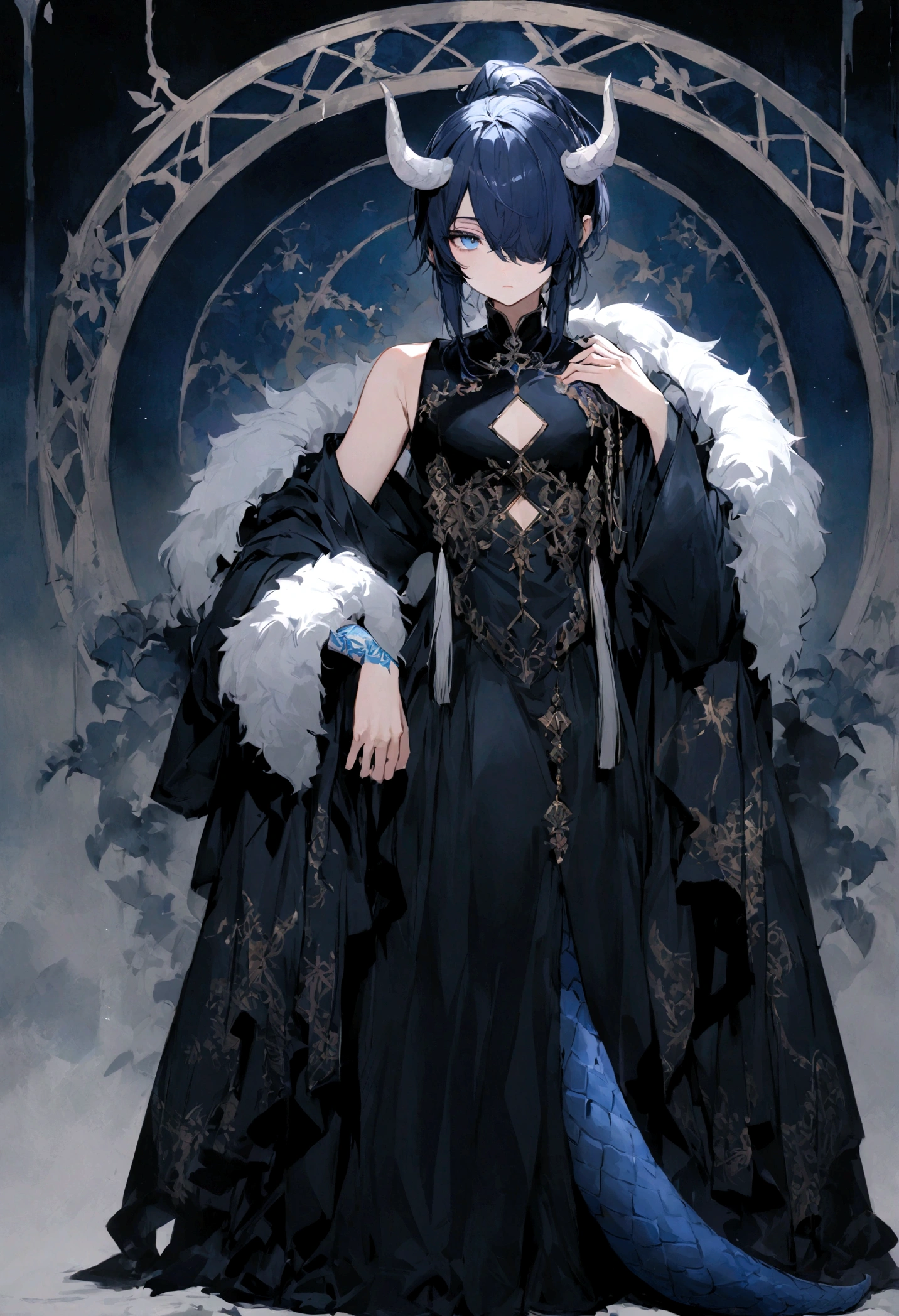 male, long dark blue hair, hair lightens closer to the tips, bangs over one eye, hair in a ponytail, full height, dark robes, dragon blue tail,white horns, calm gaze, blue eyes, black sleeveless turtleneck, small rhomb cutout on the chest, blue tattoos on the forearms, open shoulders, baggy pants, (fur collar on one shoulder), highest quality