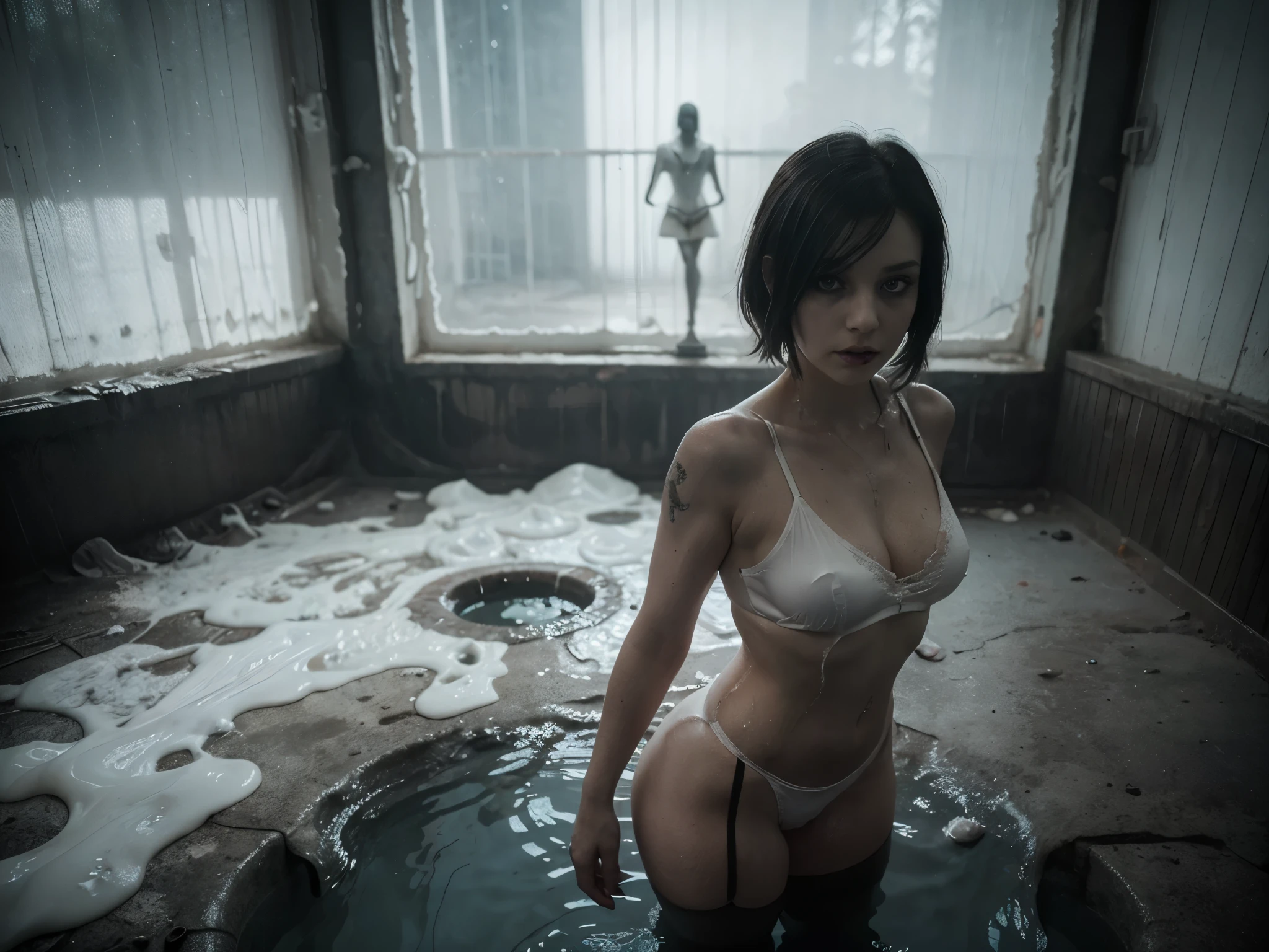 (Best Quality,hight resolution,Masterpiece, half body shot:1.2),Ultra-detailed,woman dressed in white thong and white tank top,sickly,standing in a dark creepy pool surrounded by a white slime substance, she's wearing a very sexy high waisted g-string white thong, she's standing in white slime, white tight very high waisted thong, creepy pool of white slime in a creepy laboratory, perfect body, sensual pose,full body shot, horror vibes, centered subject,gloomy ecstasy,fetish,dark gloomy atmosphere, creepy atmosphere, gritty texture,Retro-atmosphere,warped reality,melancholic expression on his face,mysterious aura,foggy atmosphere,foggy background,Subtle color palette,provocative pose,Strong emotions,Coming Out of the Depths of Despair,Piercing gaze,intense shadows,Plunged in Darkness,dark industrial aesthetic,ominous vibe,A supernatural sensation,Loss of Place in Time and Space,Eerie silence.asymmetrical bangs, freckles, black short hair, Bangs, freckles, gray eyes,