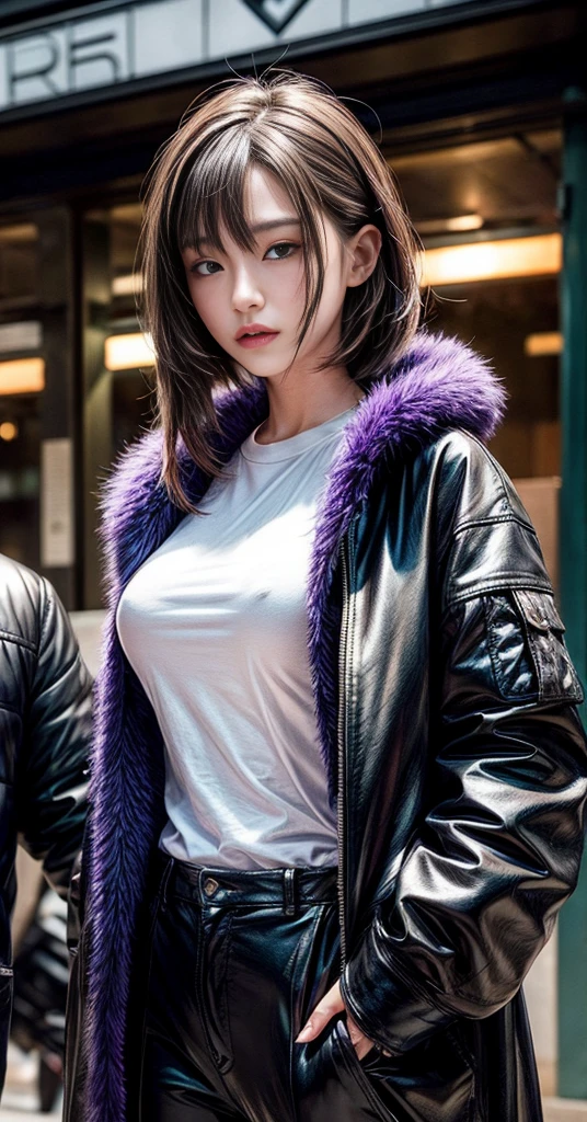 Cinematic lighting,super detailed skin、Beautiful detailed eyes、Best Quality,cyberpunked,(Hutsune Miku characters),(Alternative、dim colors, Soothing tones、Perfect Anatomy:1.3),(1beautiful woman、Detailed beautiful facial features:1.3)(black hair shorthair、well-shaped 、BREAK.White Shirt Tops、Black Satin Suit Slacks、(purple fur down jacket),BREAK.,A dark-haired、hands in the pocket、arms in arms、Near city station jpn, Colossal tits