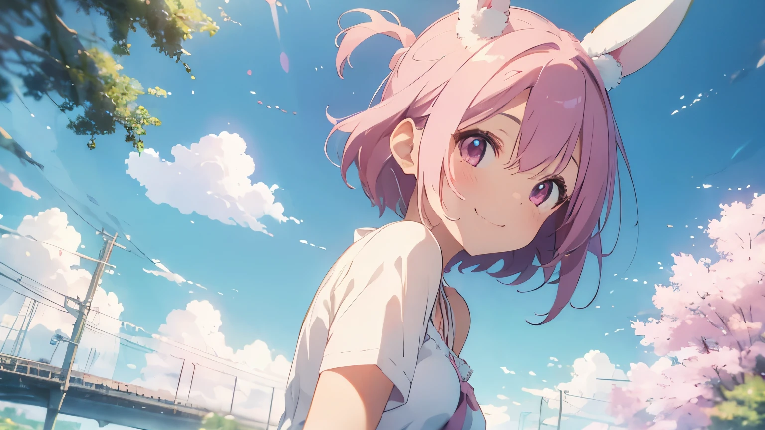 highest quality, pretty girl, Fluffy bunny ears, Pink short bob,Pale pink eyes,smile,blue sky,Age 25