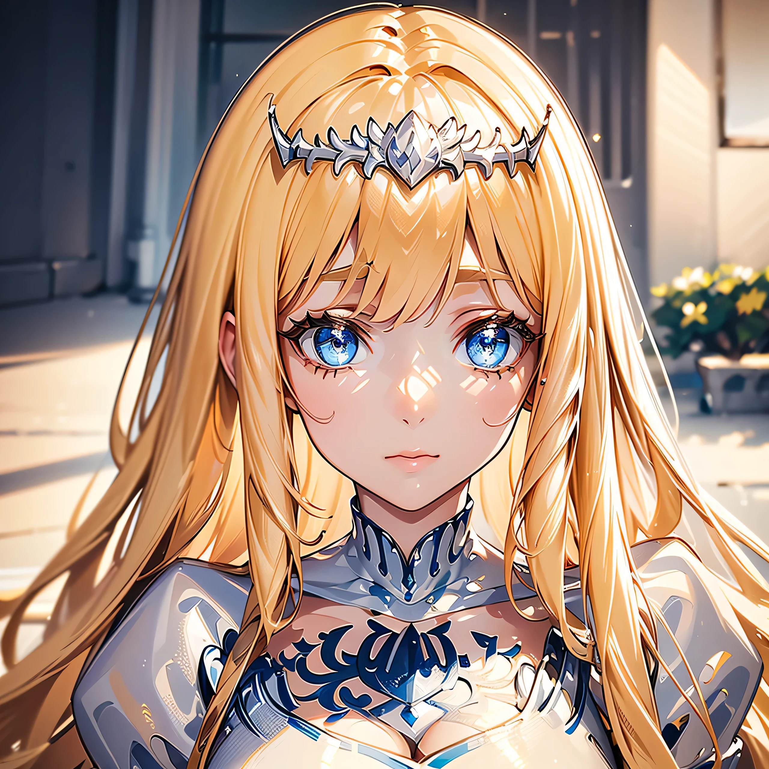 ((best quality)), ((masterpiece)), (detailed), perfect face, ((Best quality, 8k, Masterpiece: 1.3)), Sharp focus A beautiful woman, Highly detailed face and skin texture, Detailed eyes,,cowboy shot, 1girl, solo, Calca, Calca Bessarez, blonde hair, extremely long hair, very long hair, white tiara, silver tiara, white dress, blue eyes, medium chest,