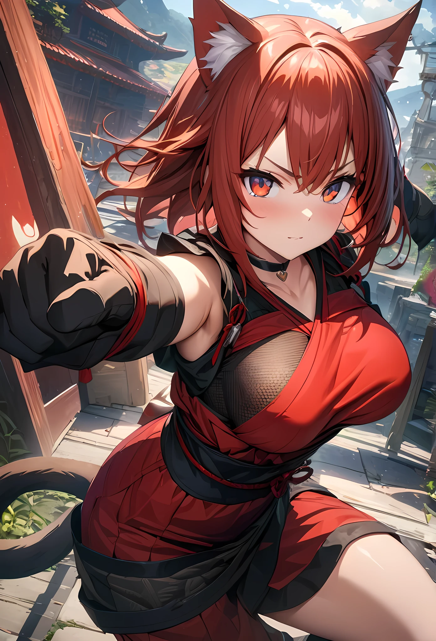 Masterpiece, Best Quality, Super Detailed, High Definition, Expensive Resolution, HDR, 4k, 8K, Unity 8k Wallpaper, Super Detailed CG, Masterpiece, Beautiful Details, Depth, Fine Texture, Super Fine: 1.3, Fully focused, crispy, skin, Very cute anime girl, ((red right eyes)) , looking at camera, ornament, heart, choker, sfw, covered medium breasts, red hair with cat ears, wearing a Japanese red shiny ninja like outfit, white fur, wearing gloves , carrying a sword, fullbody, fighting pose