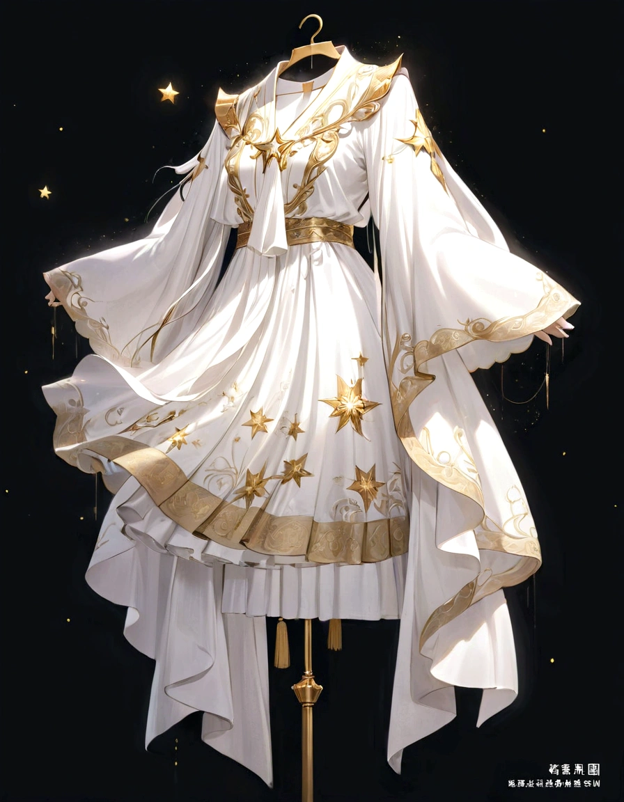 there is a dress hanging on a clothes rack with a star in the background, flowing magical robe, white robe with gold accents, ornate flowing robe, flowing white robes, white and gold priestess robes, ornate flowing robes, ancient white dress, fantasy outfit, golden-white robes, flowing robes, flowing robe, astral witch clothes, black hanfu