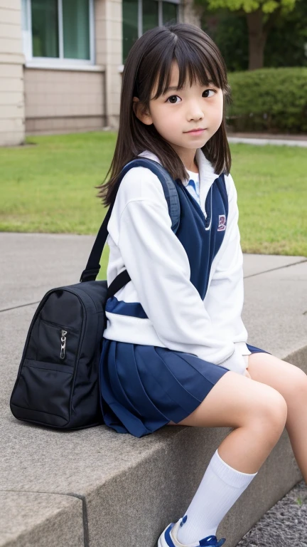 Japanese, , plain face, teenage girl big breasts slightly exposed, elementary school sy , carrying school bag, sportswear
