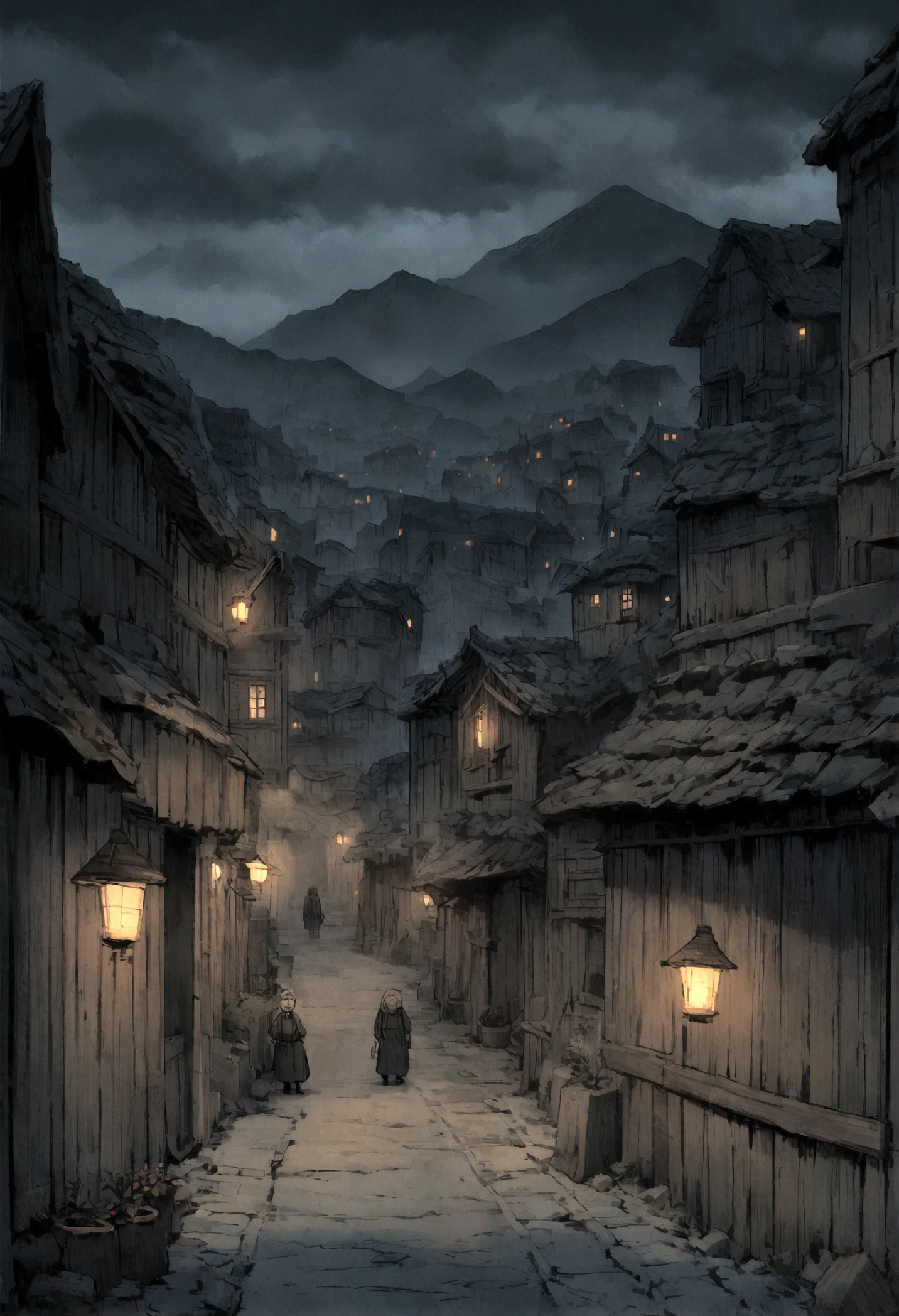 Poor mountain village street, Villagers, old house, Very detailed, night, gloomy, scary, Overlooking