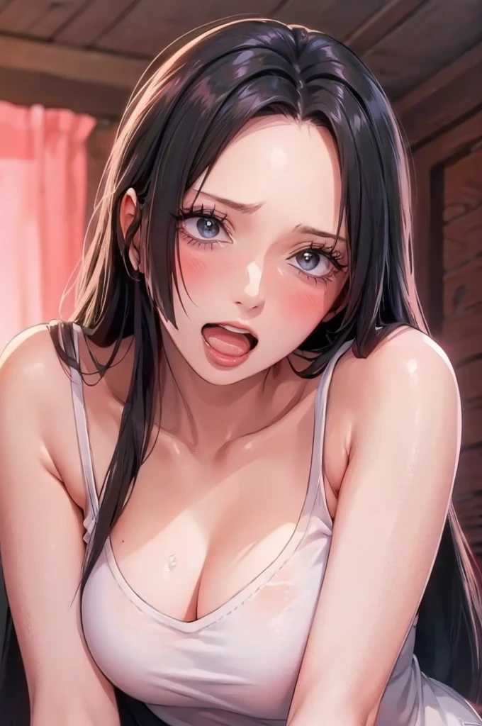 (((masterpiece))), (((best quality))), ((ultra-detailed)), (highly detailed CG illustration), Boa Hancock, , (masterpiece:1.5), Detailed Photo, Smiling, Sexy, (Best Quality: 1.4), (1girl), Beautiful Face, (Black Hair, long Hair: 1.3), Beautiful Hairstyle,  beautiful detail eyes, (realistic skin), beautiful skin, absurd, attractive, ultra high resolution, high definition, (sexually aroused:1.5), Pinkish white skin, cool white light, sexy pose, Beautiful , white background, pink soft white light, Wear a white dress