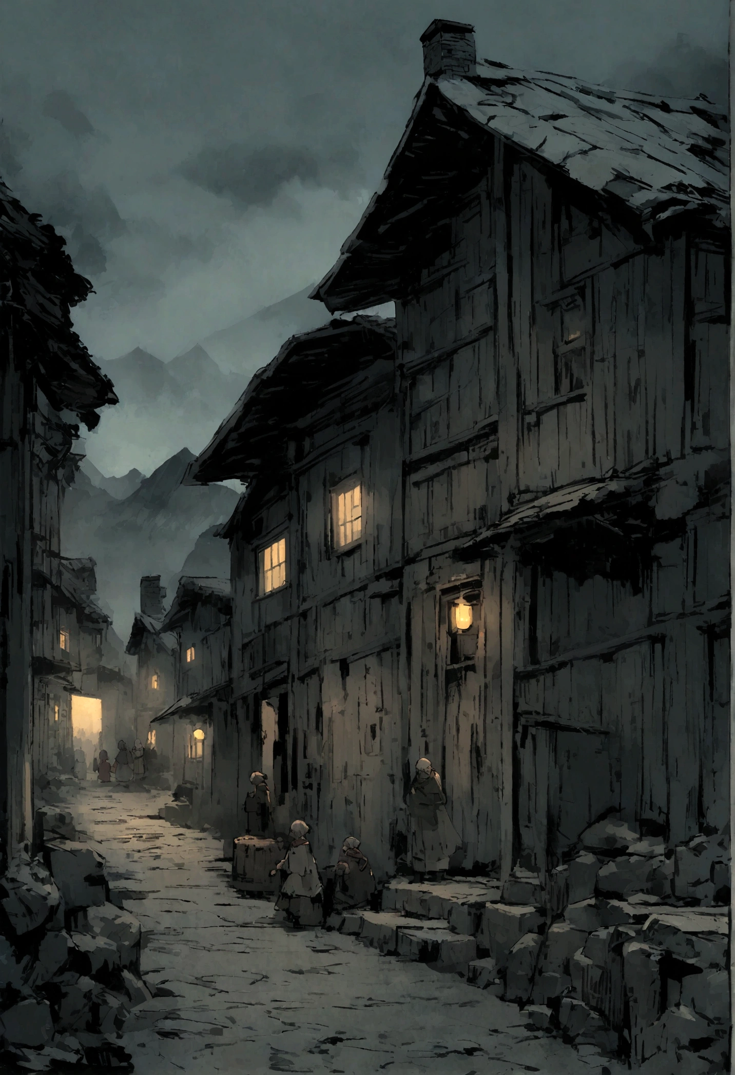 Poor mountain village street, Villagers, old house, Very detailed, night, gloomy, scary, Overlooking