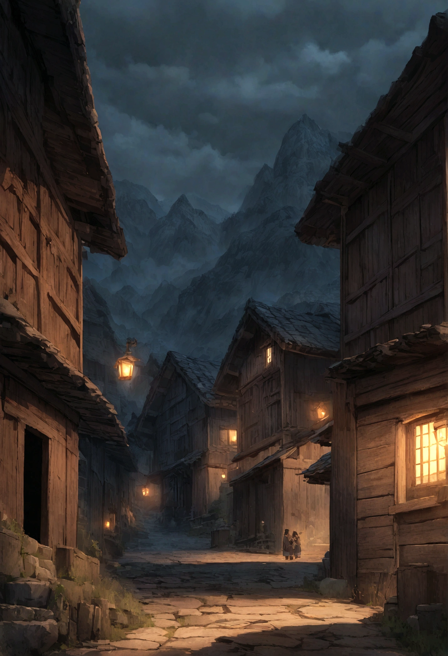 Poor mountain village street, Villagers, old house, Very detailed, night, gloomy, scary, Overlooking