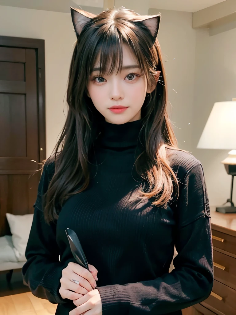 (highest quality、Tabletop、8k、Best image quality、Ultra-high resolution、Award-winning works)、One beautiful woman、(alone:1.2)、(Black cat fake ears:1.2)、Accurate ???????、Long black turtleneck knit sweater、Large Breasts、(The perfect long knit turtleneck sweater:1.1)、Smooth long knit sweater、Ultra-high resolutionの艶と潤いのある美肌、Ultra-high resolutionの美しい顔、Ultra-high resolutionの煌めく瞳、Ultra-high resolutionの完璧な歯、Ultra-high resolutionの髪の毛、Look at me and smile、(Brown long hair、See-through bangs:1.1)、Perfect Makeup、In a blurry room、Cat Tower