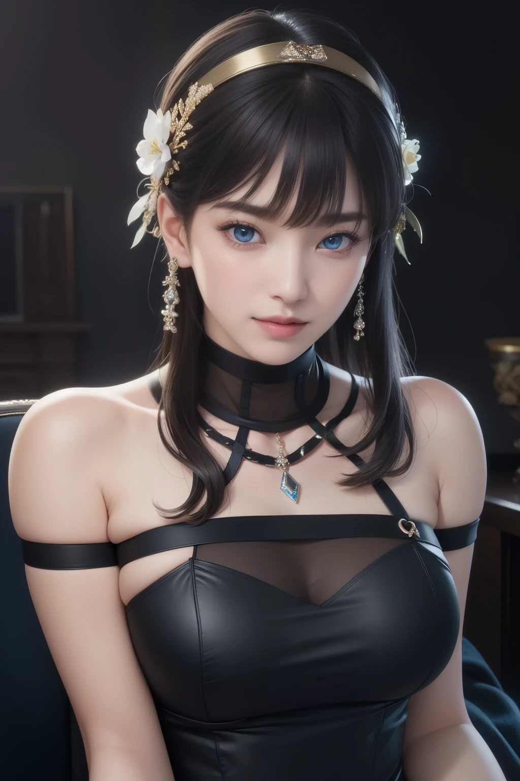 Beautiful big breastokeh), indoors, detailed luxury living room, gentle and charming beautiful goddess, Korean(kpop-idol), solo, necklace, oval face, double eyelids, smart, good hands, good feet, Natural, (from below angle), (glossy skin:1.05), ((low angle)), Perfect figure, (k, UHD, RAW photo, best quality, masterpiece:1.4), (realistic, photo-realistic:1.37), ultra high res, photon mapping, radiosity, physically-based rendering, professional soft lighting, light blue eyes, sexy smile, milf