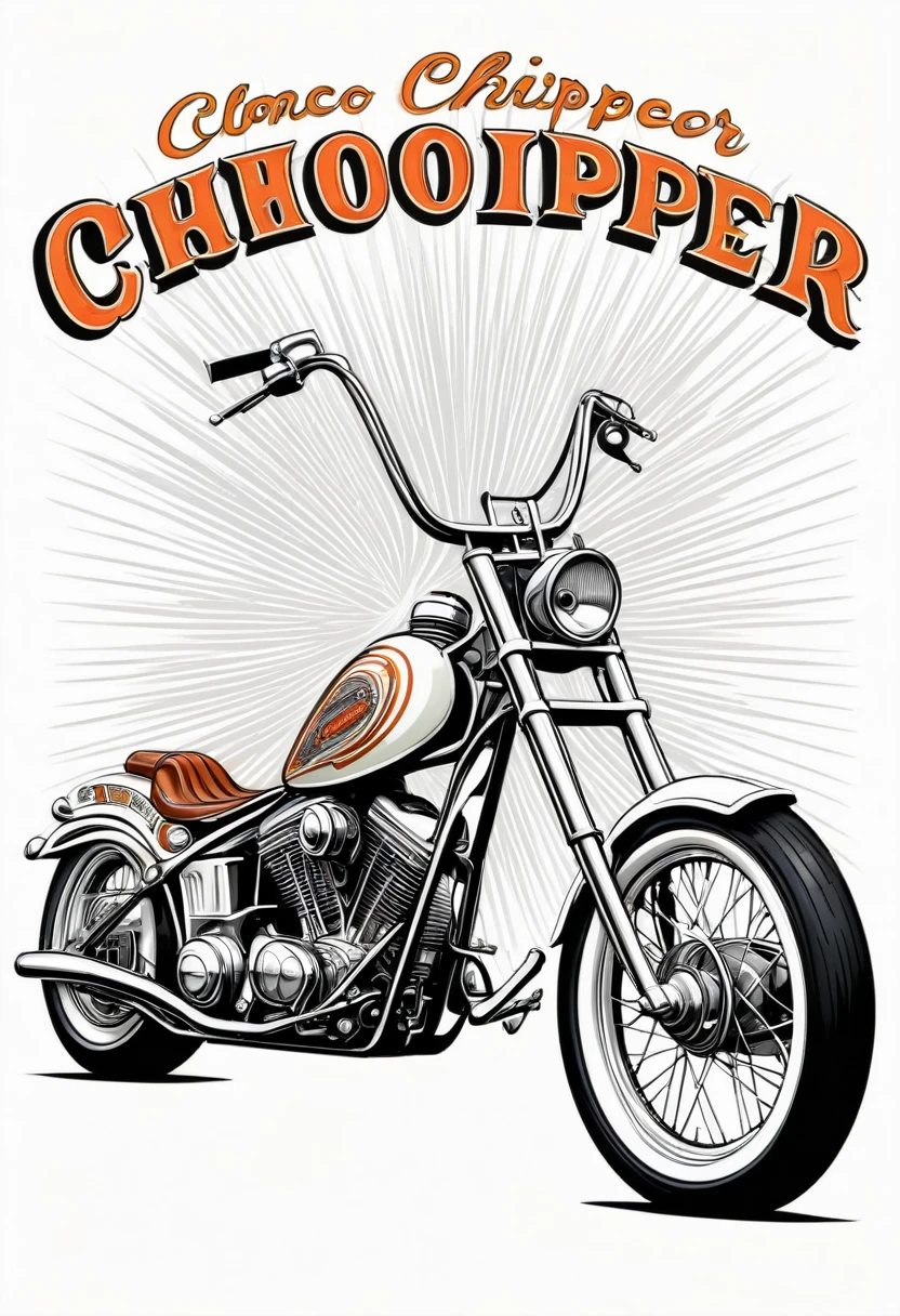 Vintage tshirt print design (on a white background:1.2), digital art of a custom vintage chopper motorcycle with classic pinstriping and a lowrider stance, (comics style:1.2), highly detailed, 4k, masterpiece.The white background should be separated from the main image for easier removal.